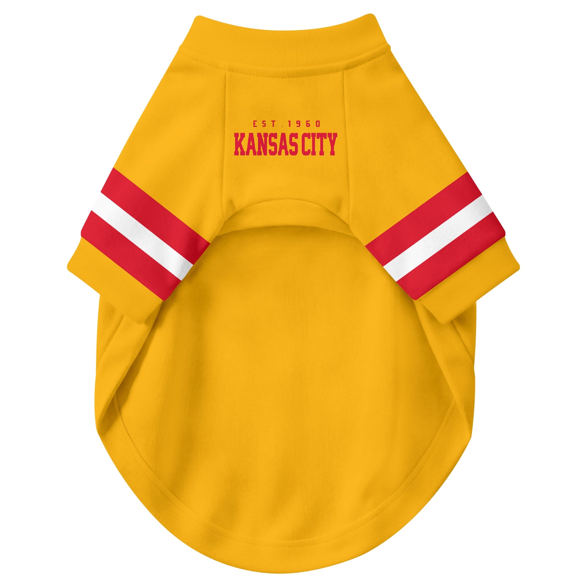 Front view of custom dog jersey in gold personalized with name and number