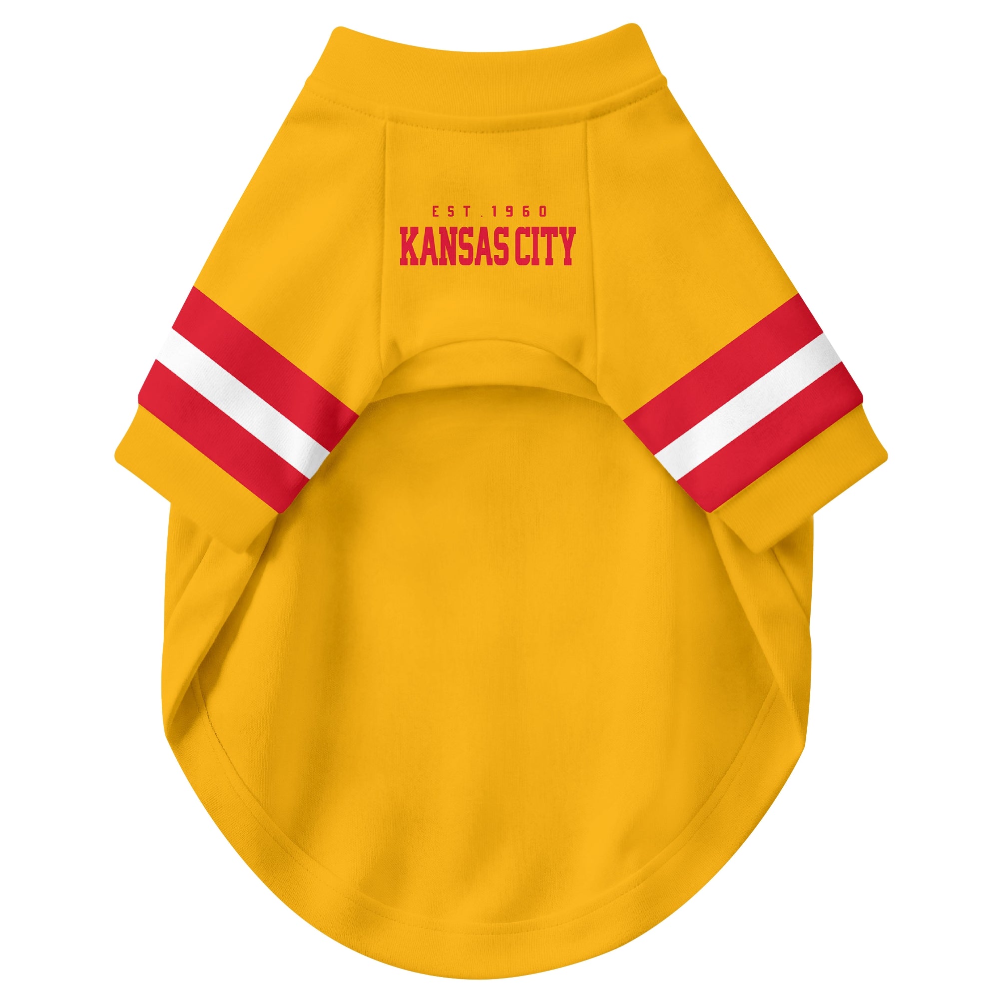 Front view of custom dog jersey in gold personalized with name and number