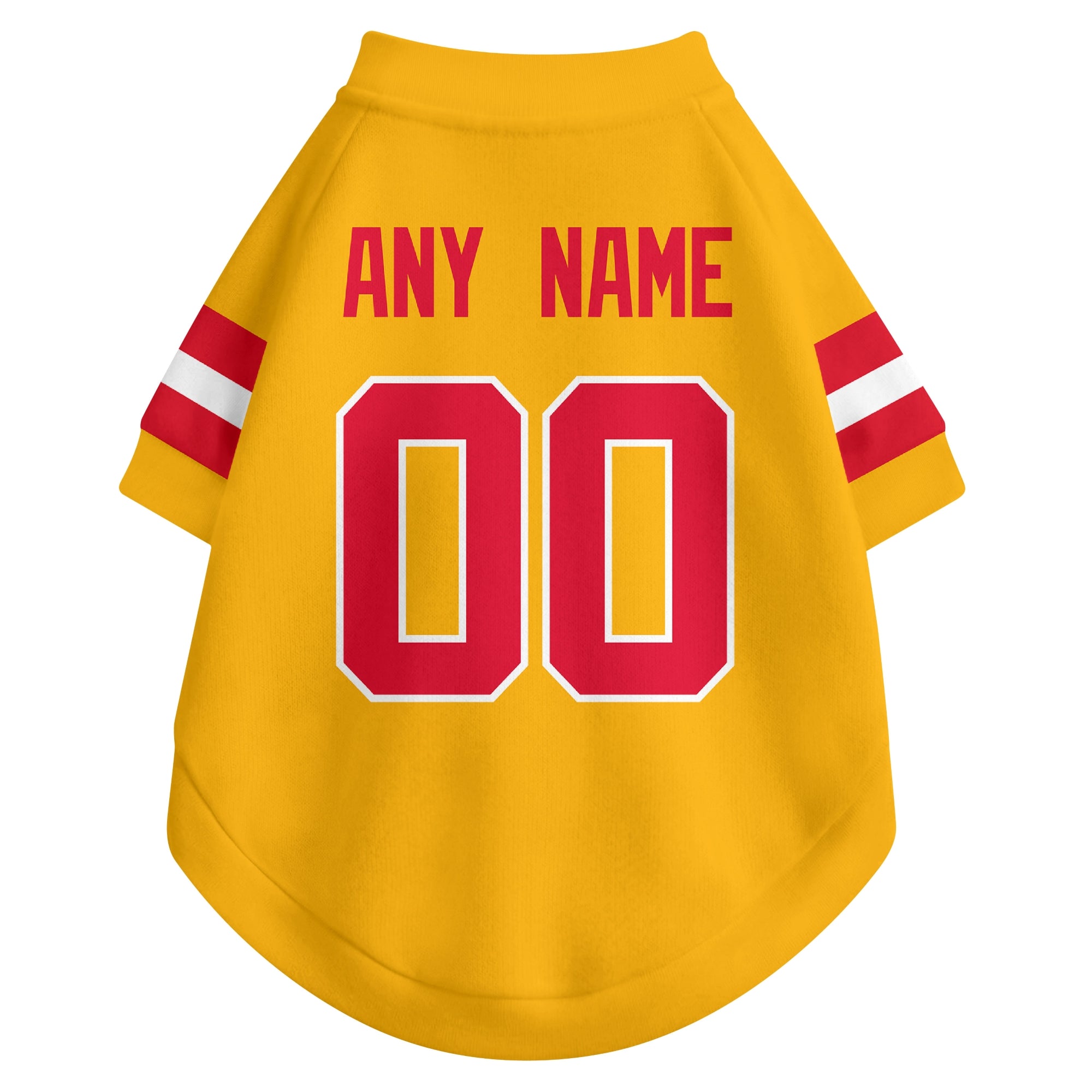 Back view of custom dog jersey in gold showing name and number customization