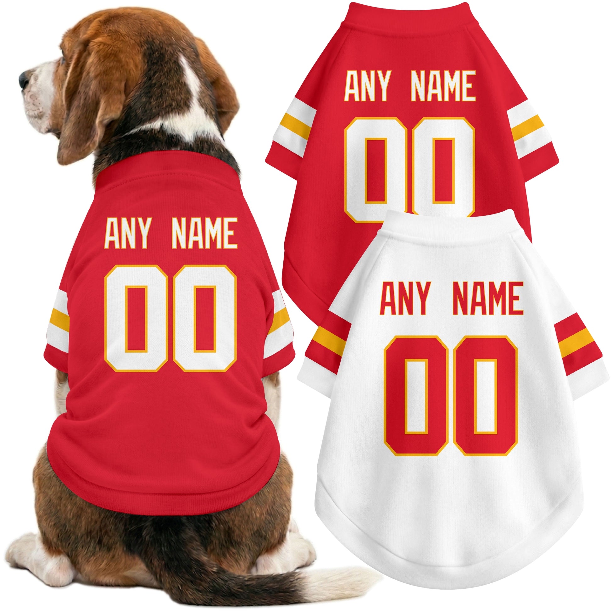 Dog wearing custom football-style dog jersey in red white gold with personalized name and number