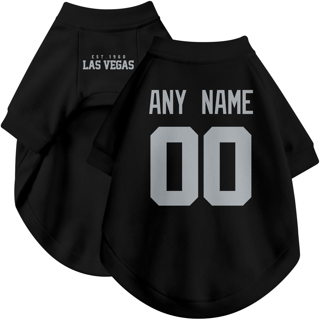 Dog wearing custom football-style dog jersey in black white gray with personalized name and number