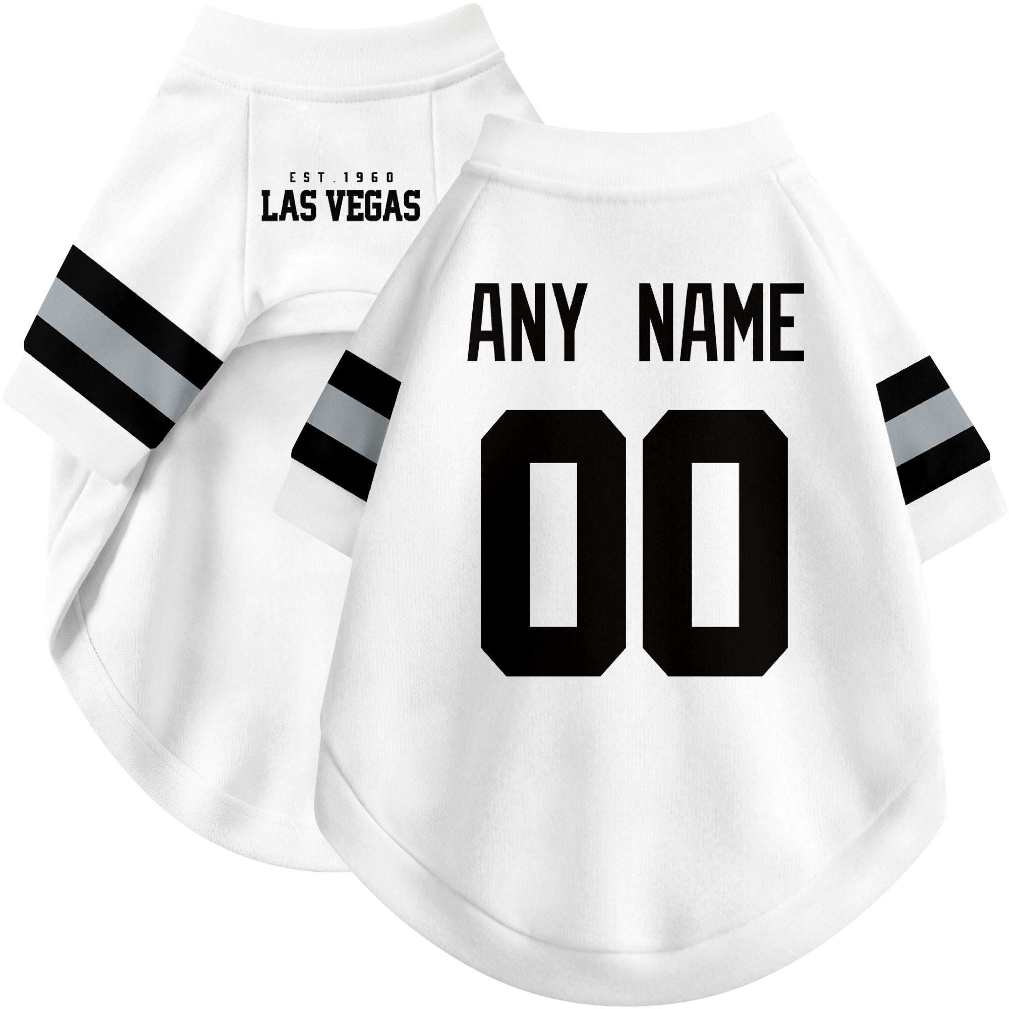 Custom football-style dog jersey in white personalized with any name and number