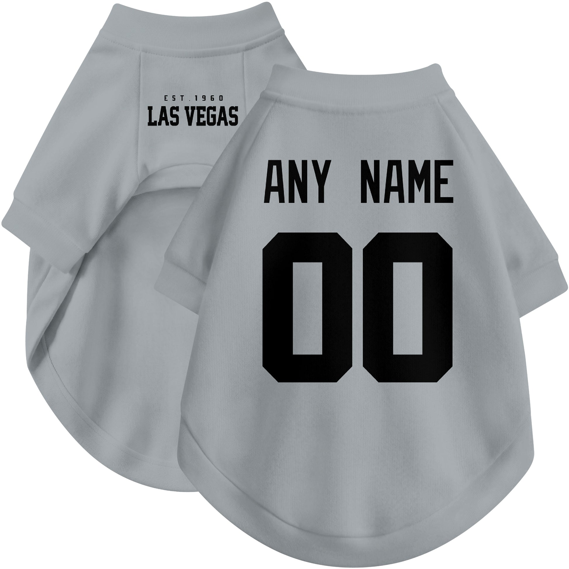 Custom football-style dog jersey in gray personalized with any name and number