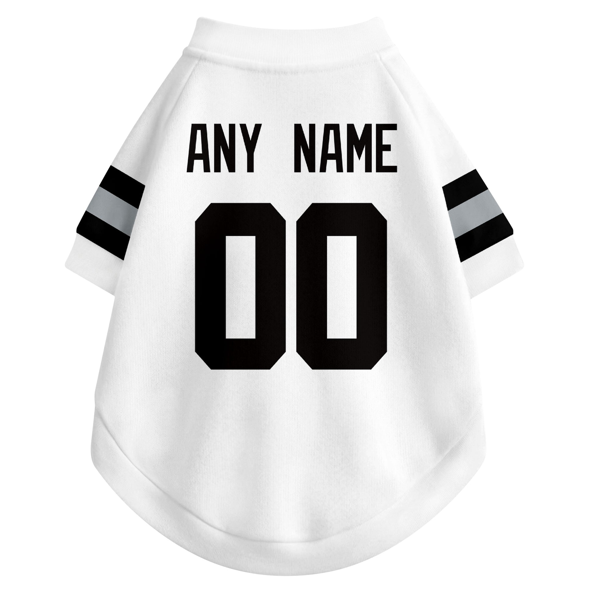 Back view of custom dog jersey in white showing name and number customization