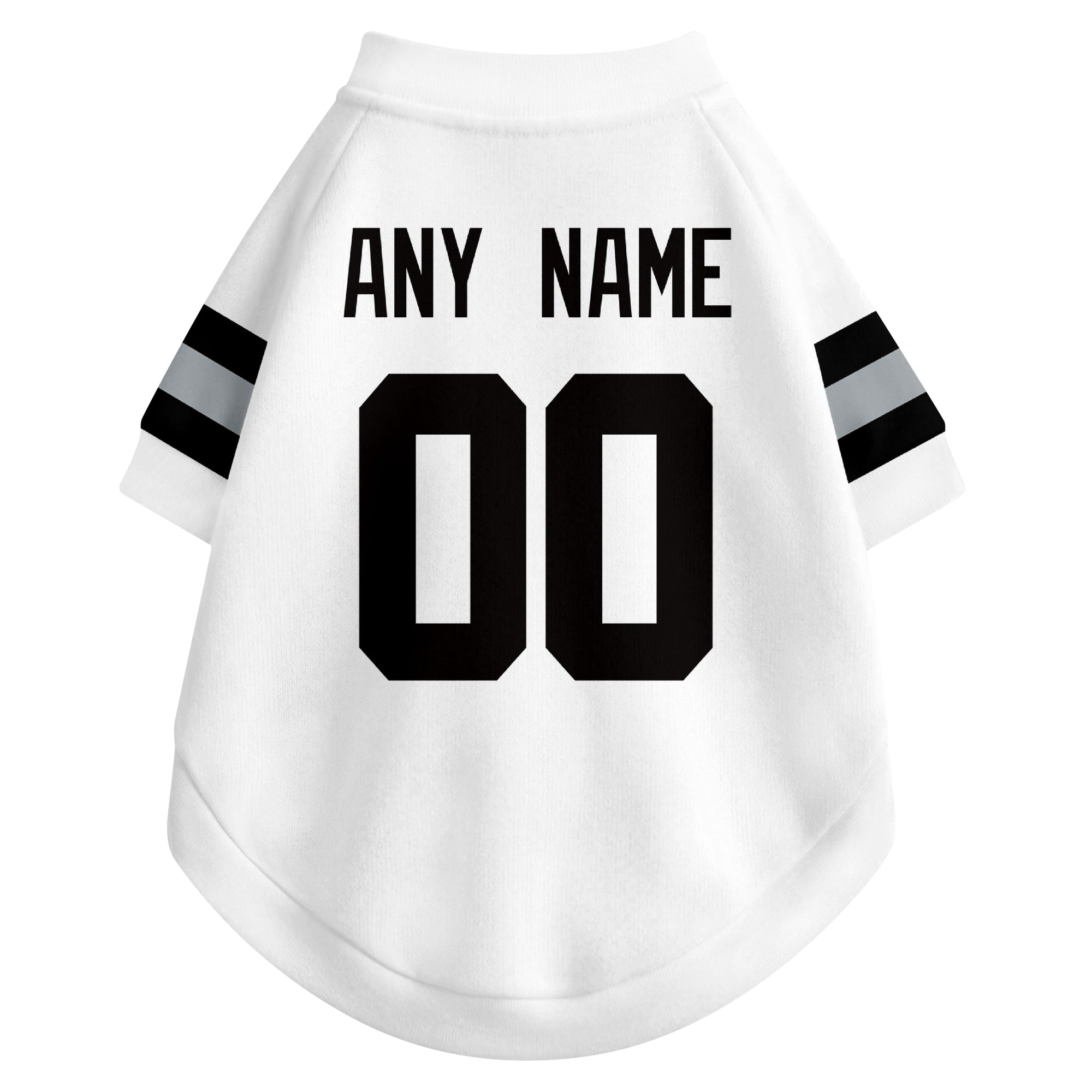 Back view of custom dog jersey in white showing name and number customization