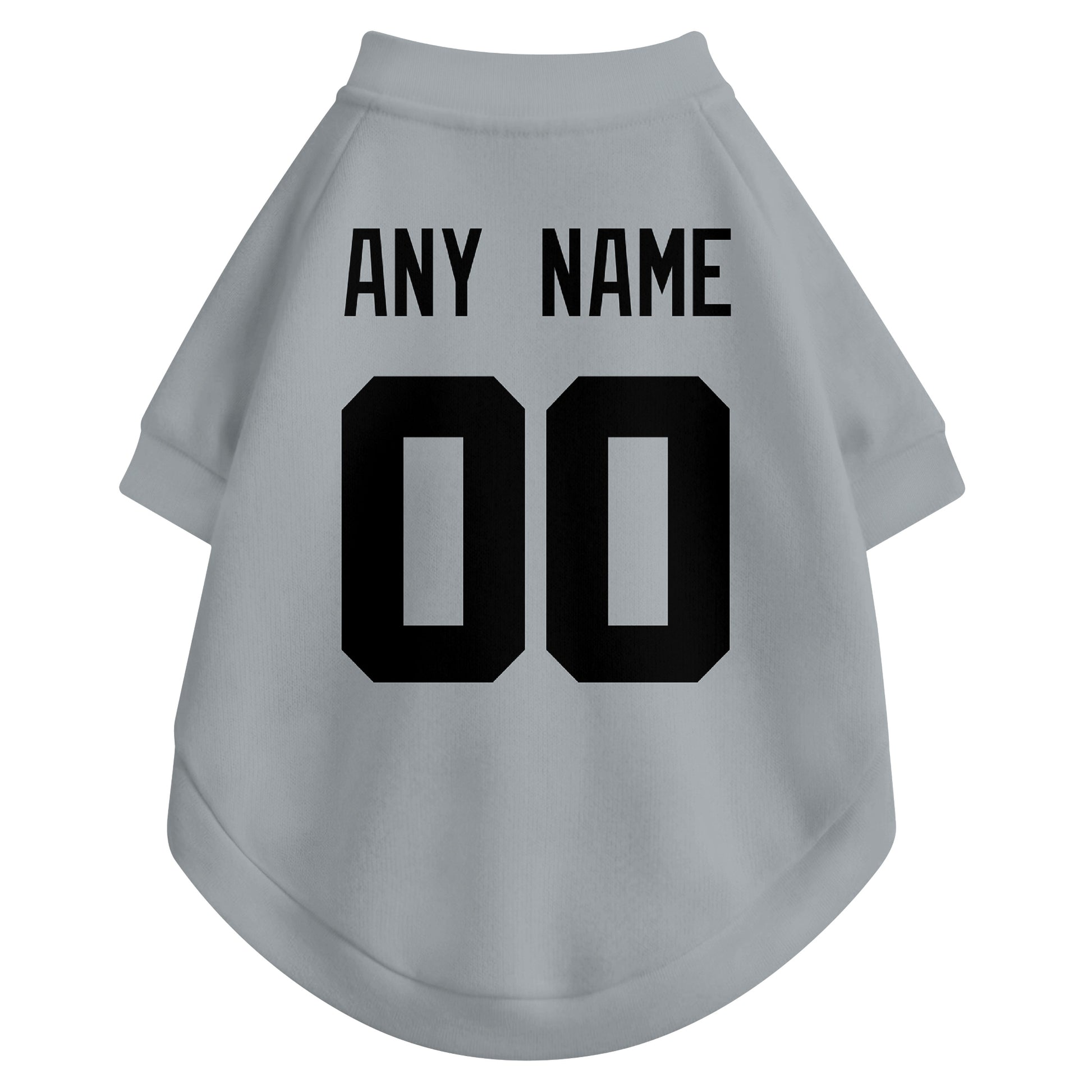 Back view of custom dog jersey in gray showing name and number customization