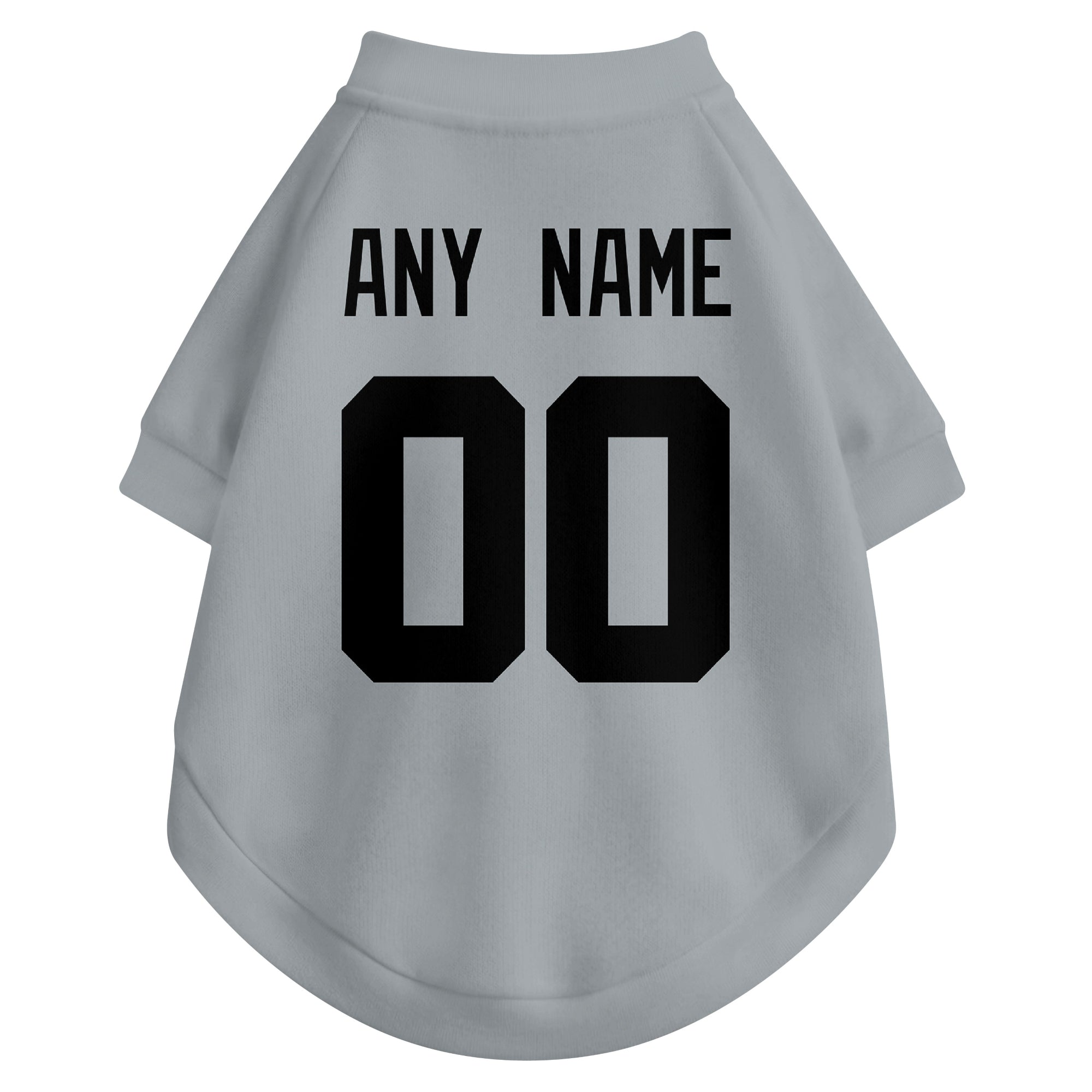 Back view of custom dog jersey in gray showing name and number customization