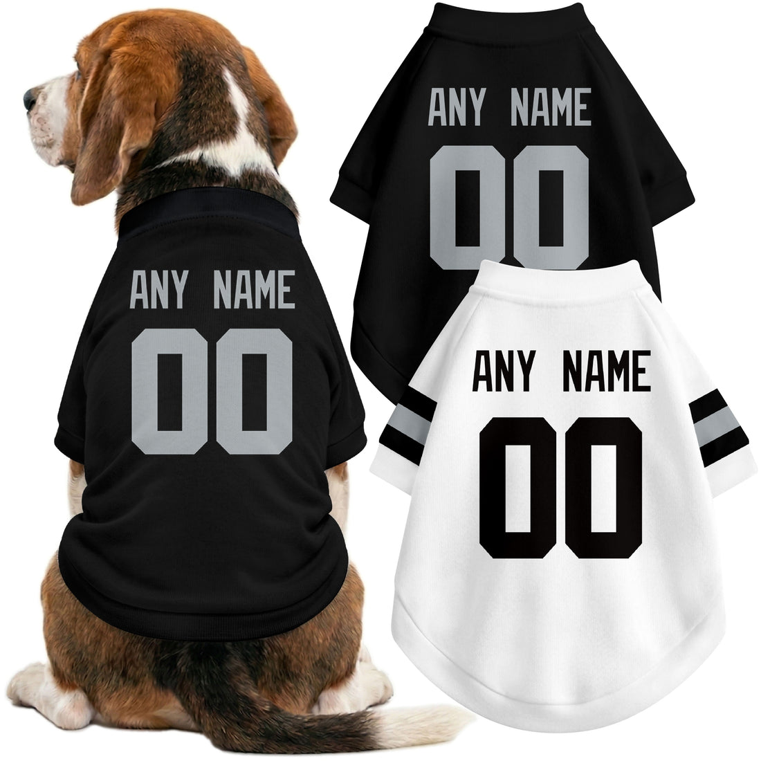 Dog wearing custom football-style dog jersey in black white gray with personalized name and number