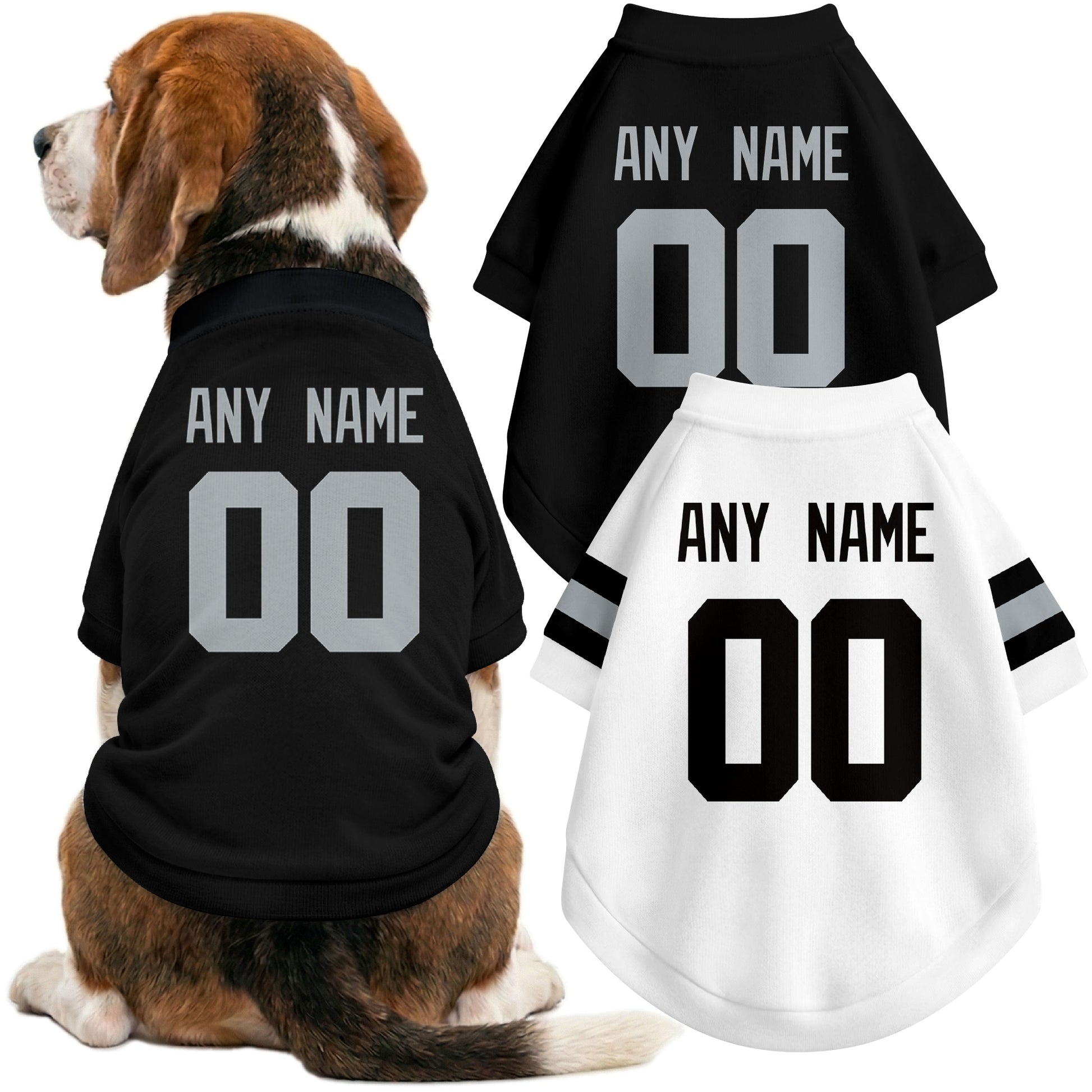 Dog wearing custom football-style dog jersey in black white gray with personalized name and number