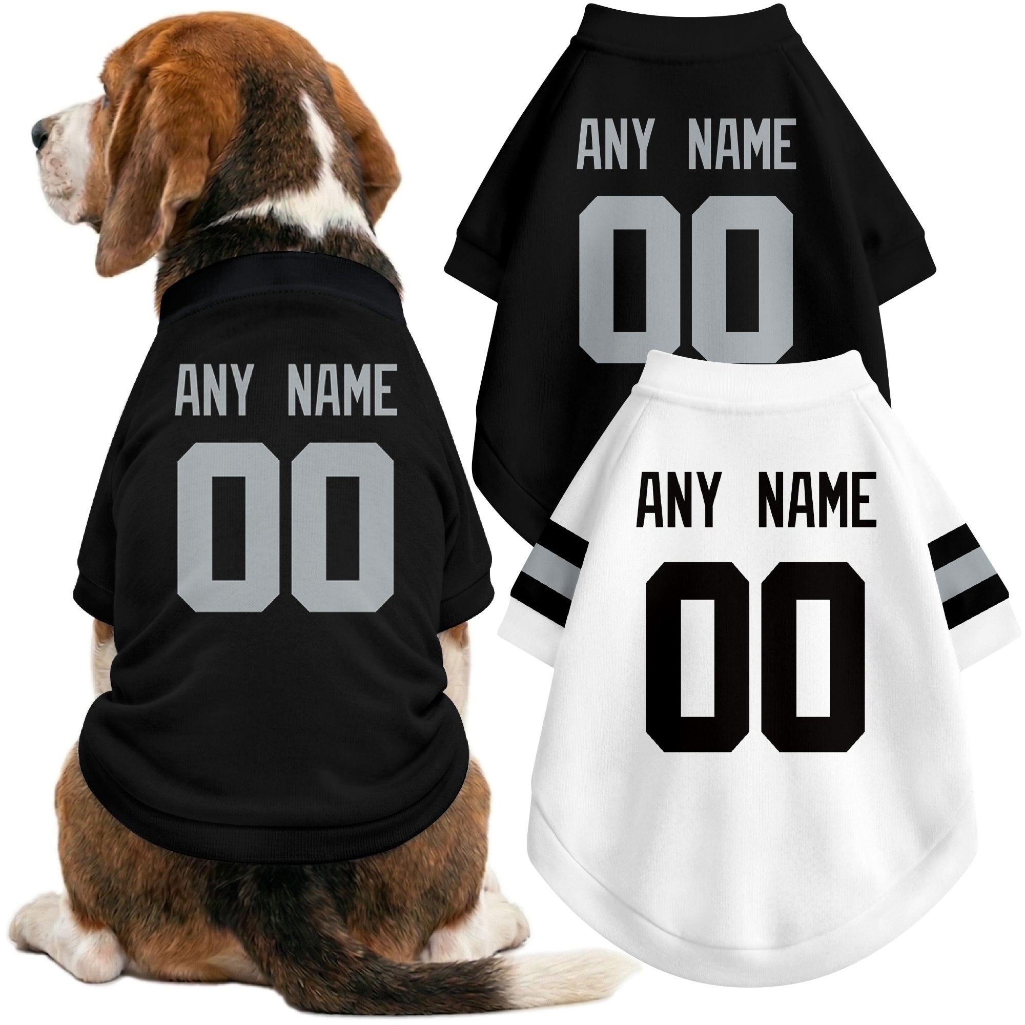 Dog wearing custom football-style dog jersey in black white gray with personalized name and number