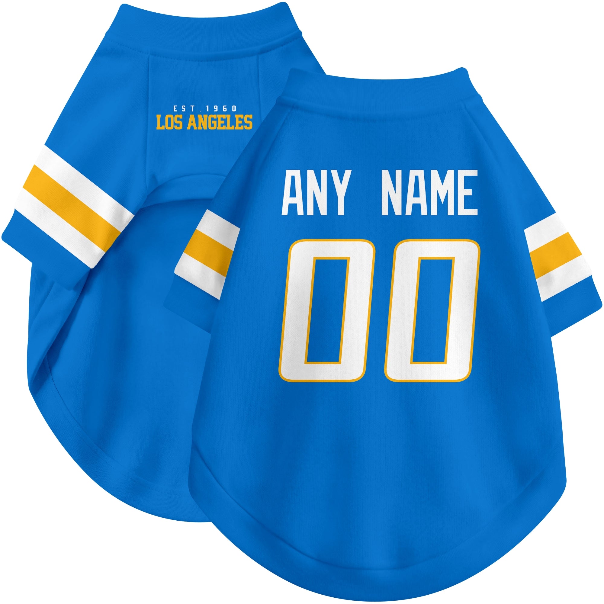 Custom football-style dog jersey in blue personalized with any name and number