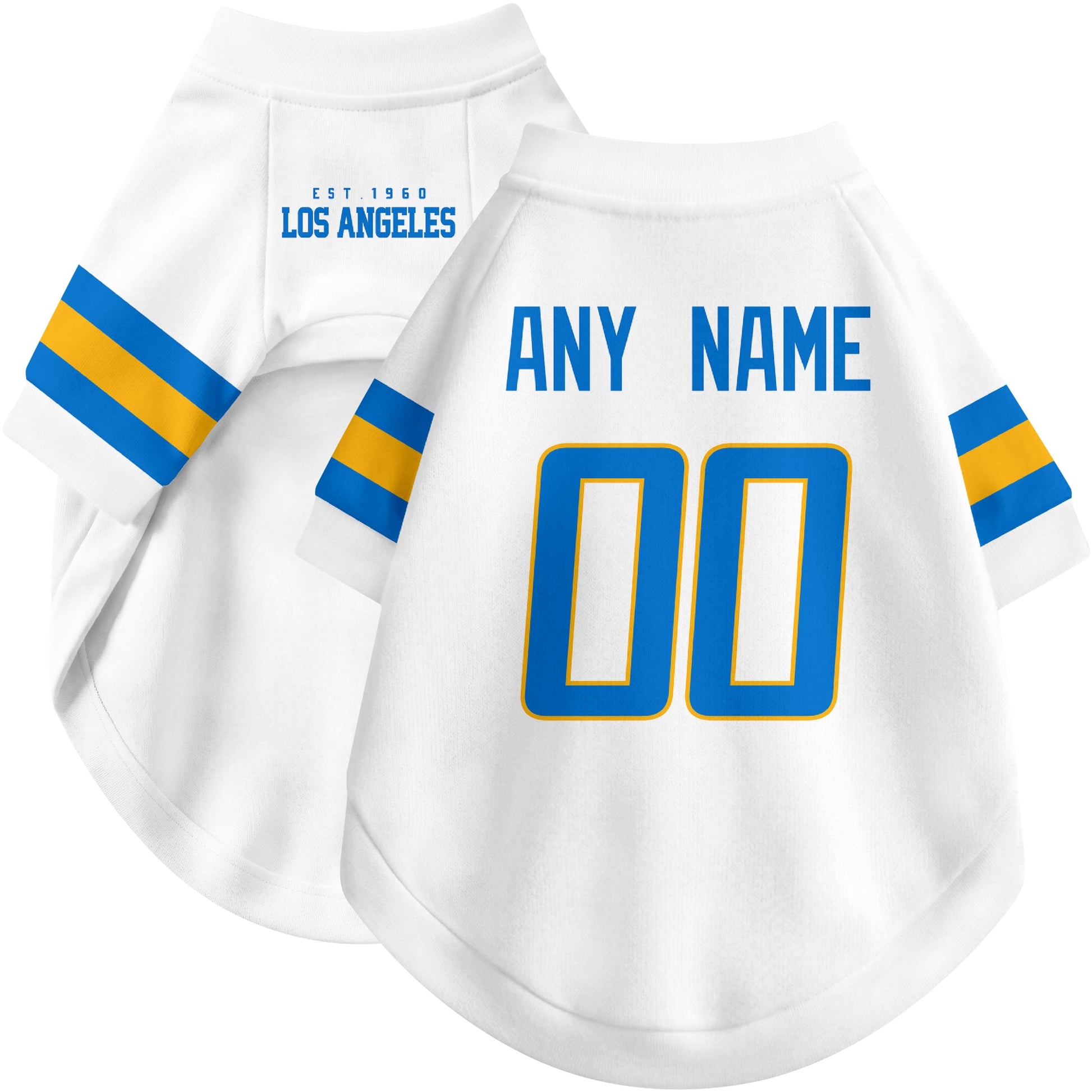 Custom football-style dog jersey in white personalized with any name and number