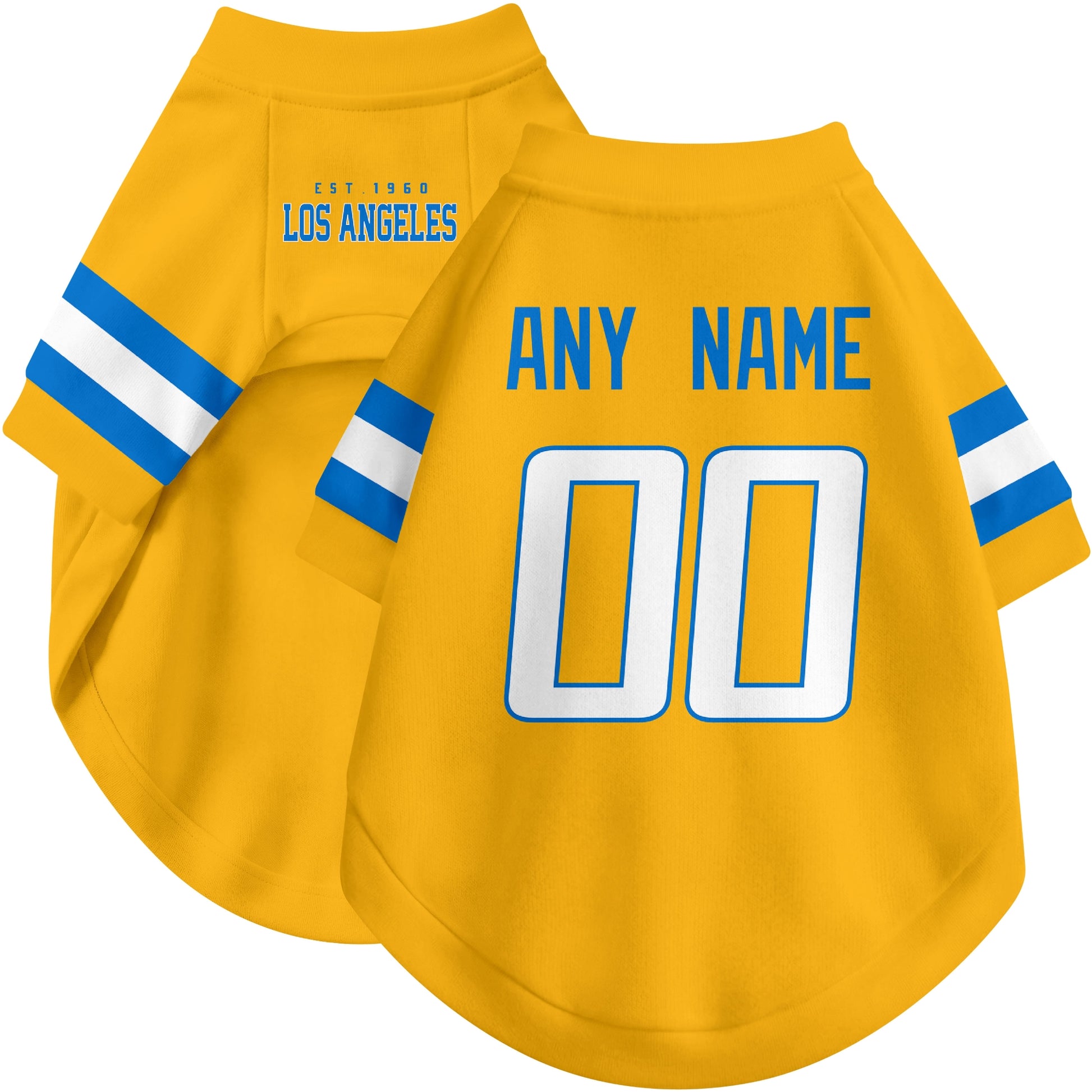 Custom football-style dog jersey in gold personalized with any name and number