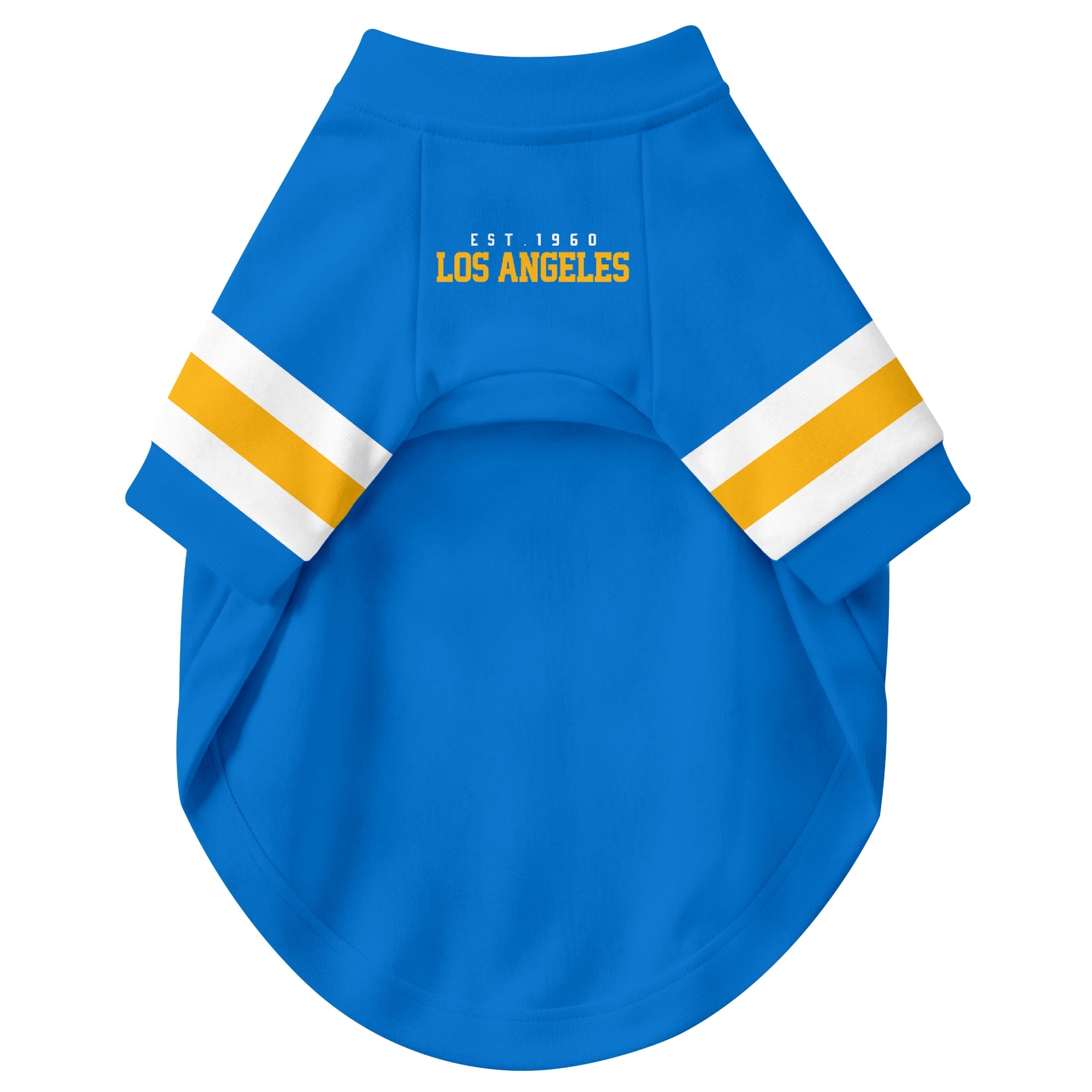 Front view of custom dog jersey in blue personalized with name and number