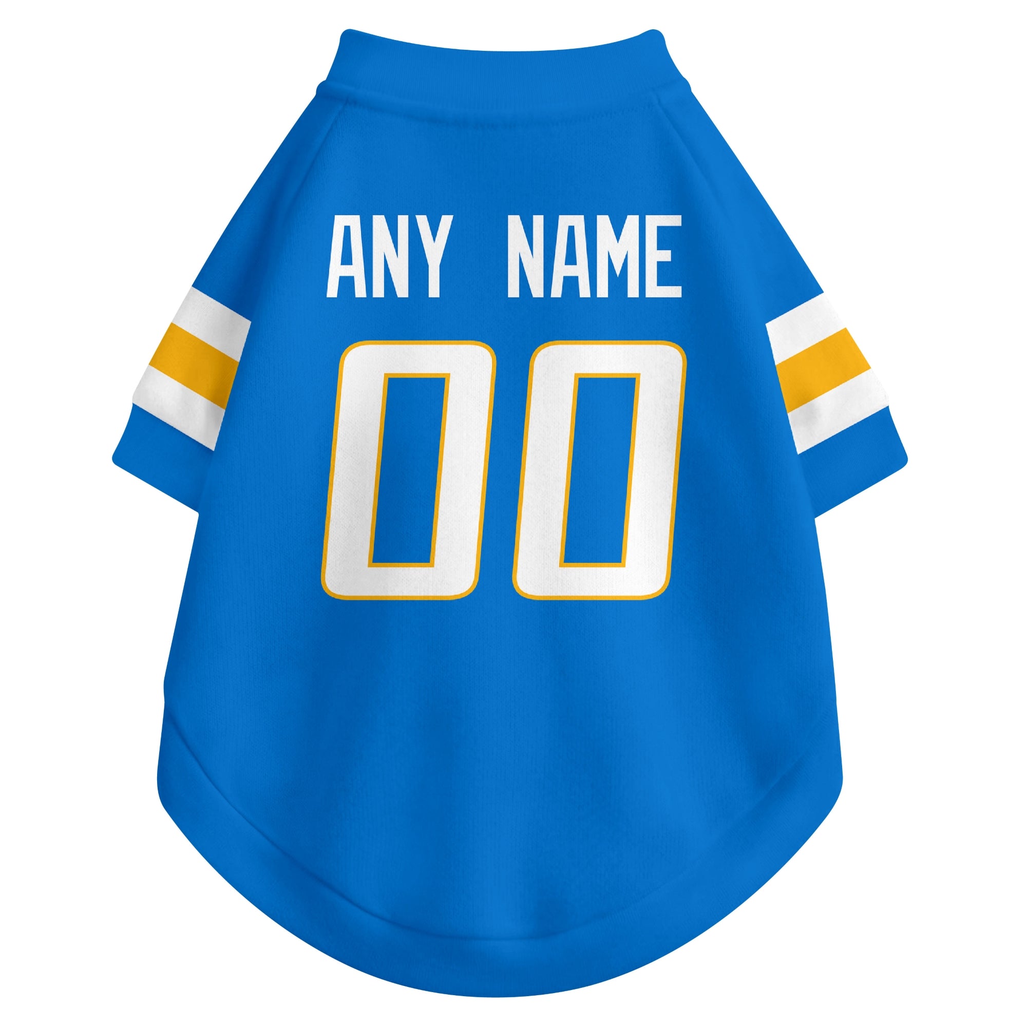 Back view of custom dog jersey in blue showing name and number customization