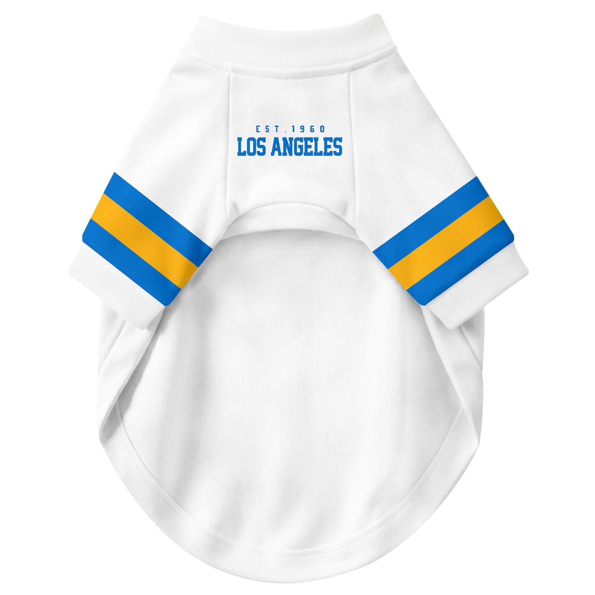 Front view of custom dog jersey in white personalized with name and number