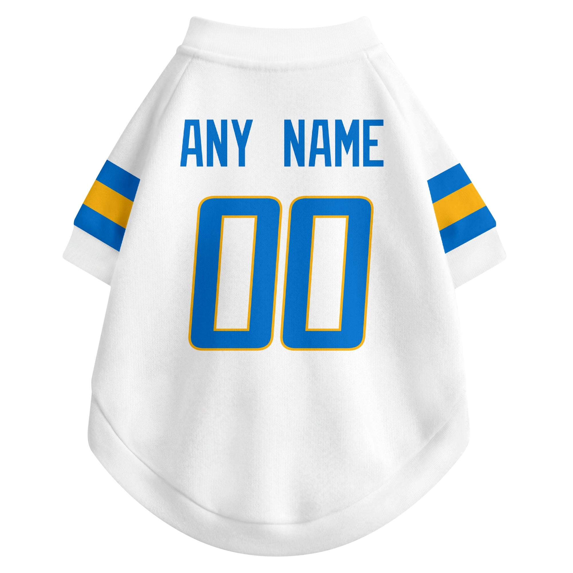 Back view of custom dog jersey in white showing name and number customization