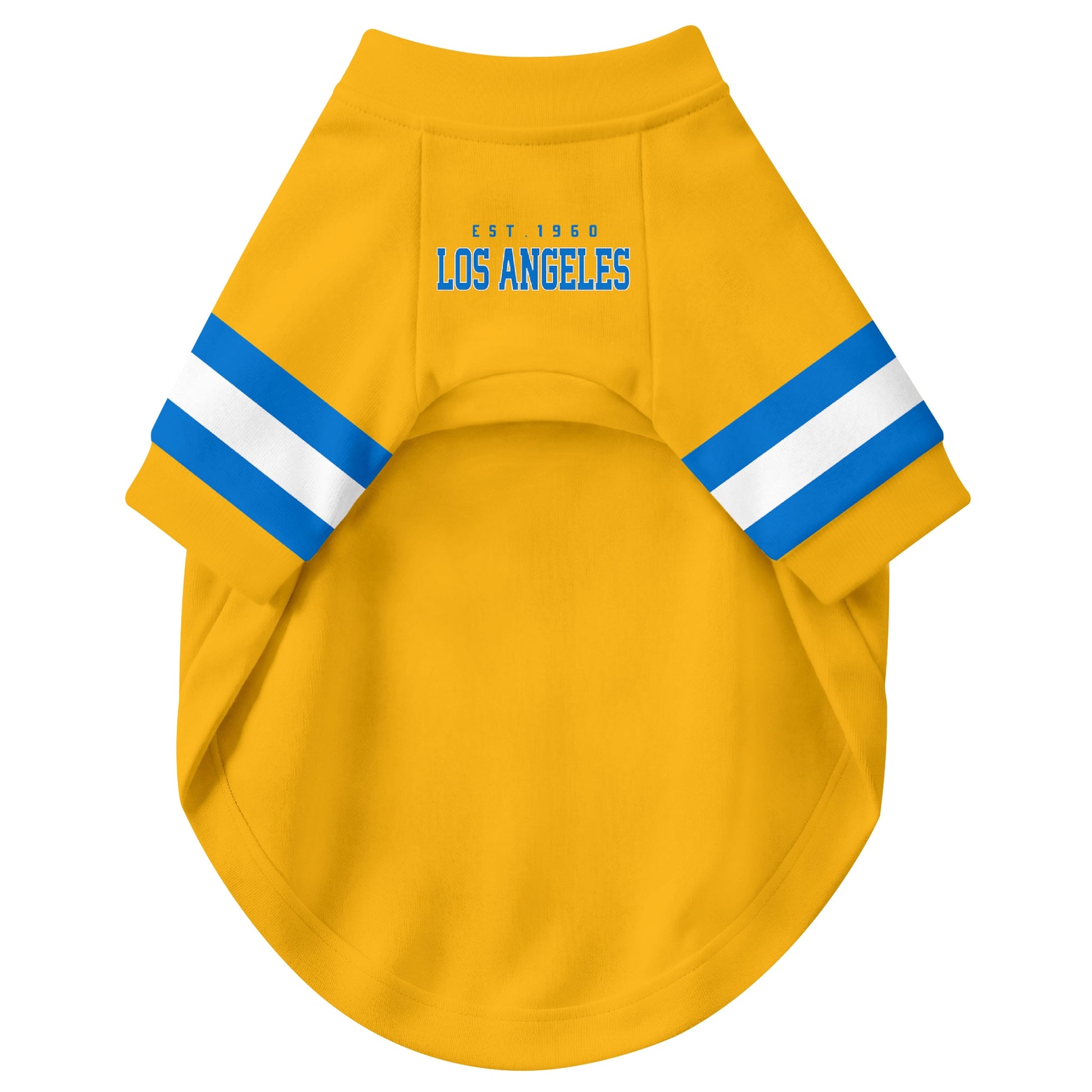 Front view of custom dog jersey in gold personalized with name and number