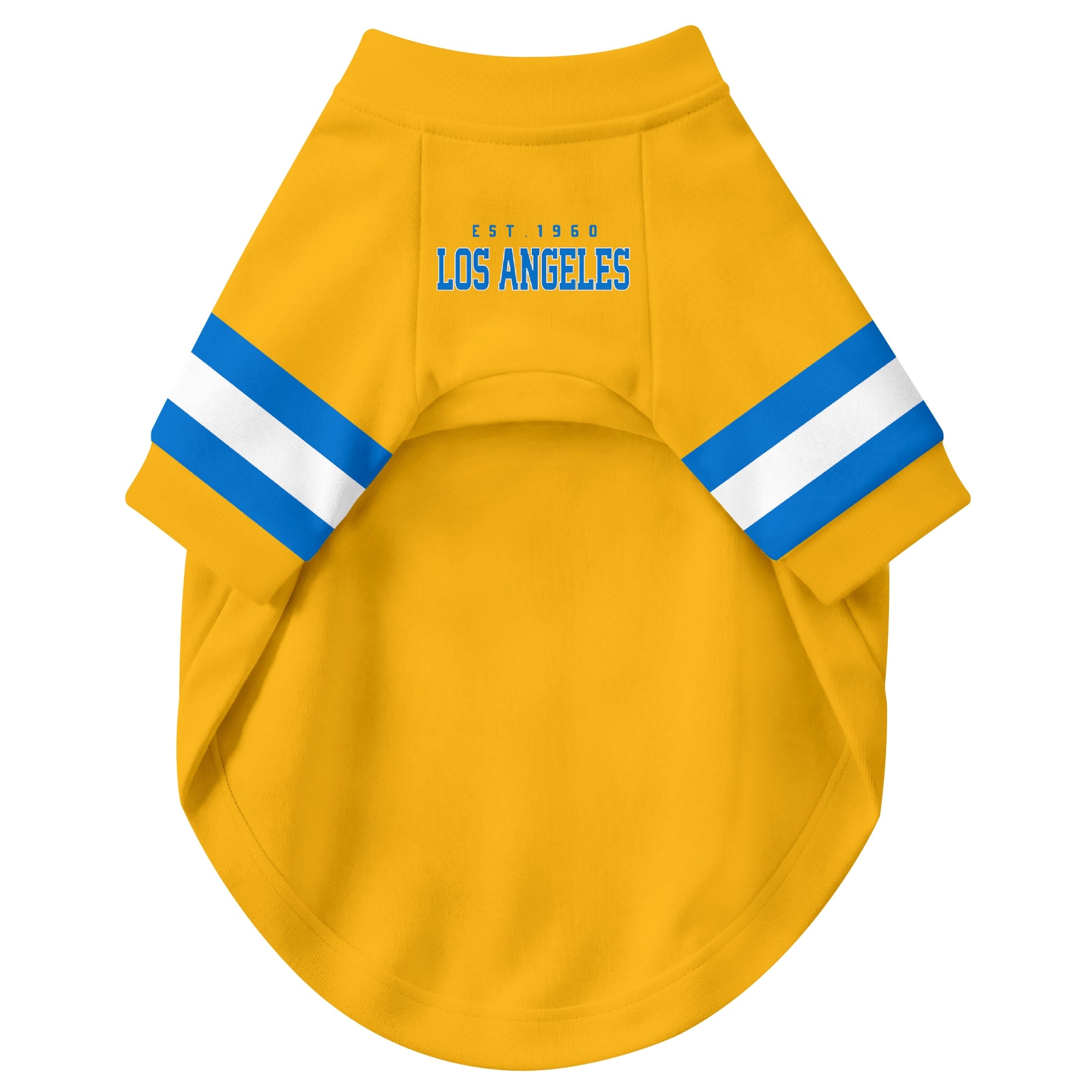 Front view of custom dog jersey in gold personalized with name and number