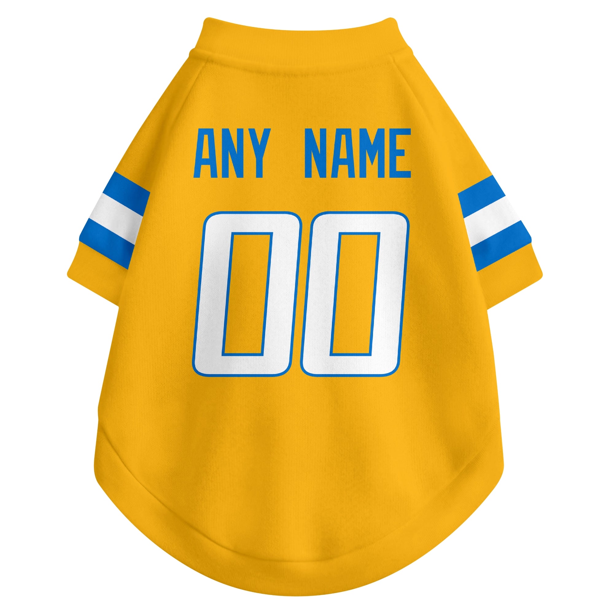 Back view of custom dog jersey in gold showing name and number customization