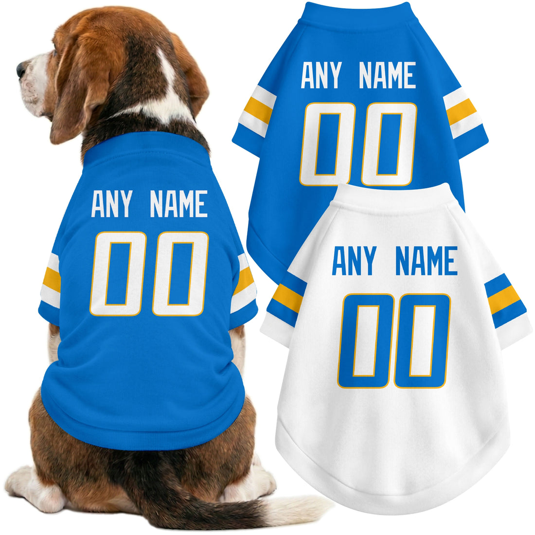 Dog wearing custom football-style dog jersey in blue white gold with personalized name and number