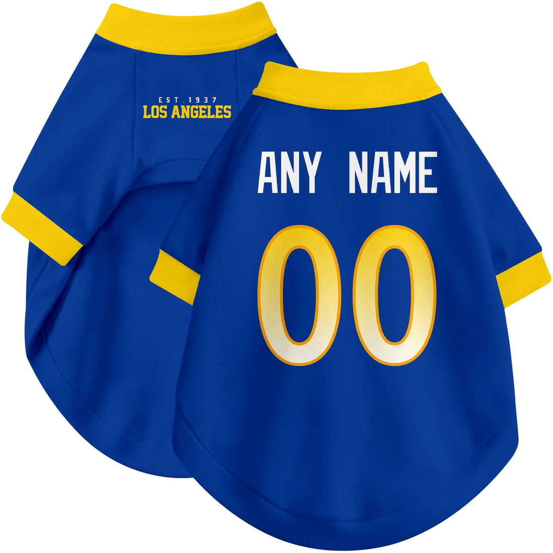 Dog wearing custom football-style dog jersey in royal white gold with personalized name and number
