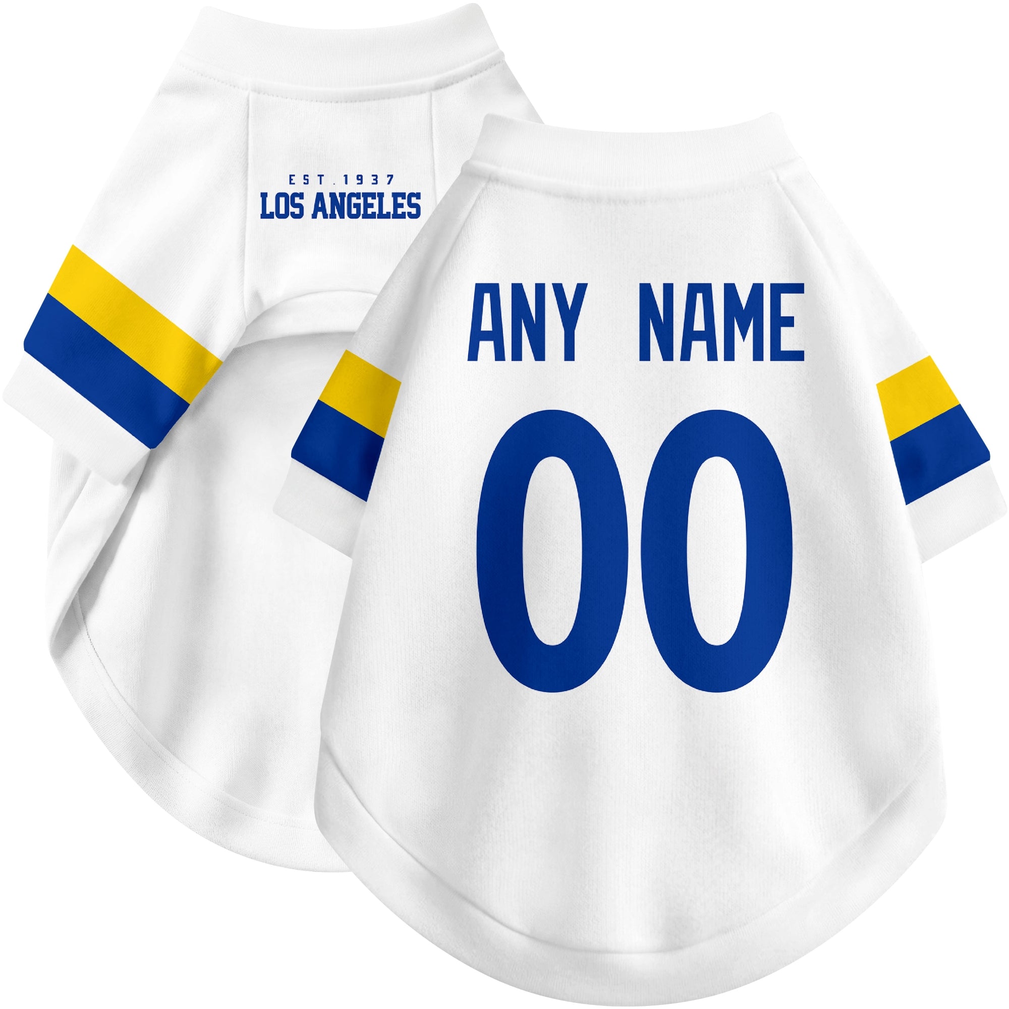 Custom football-style dog jersey in white personalized with any name and number