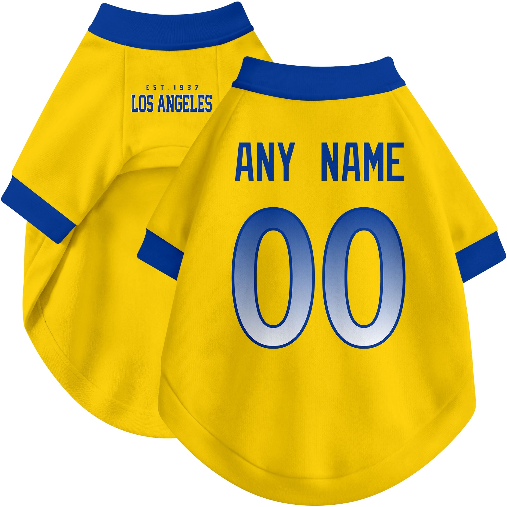 Custom football-style dog jersey in gold personalized with any name and number