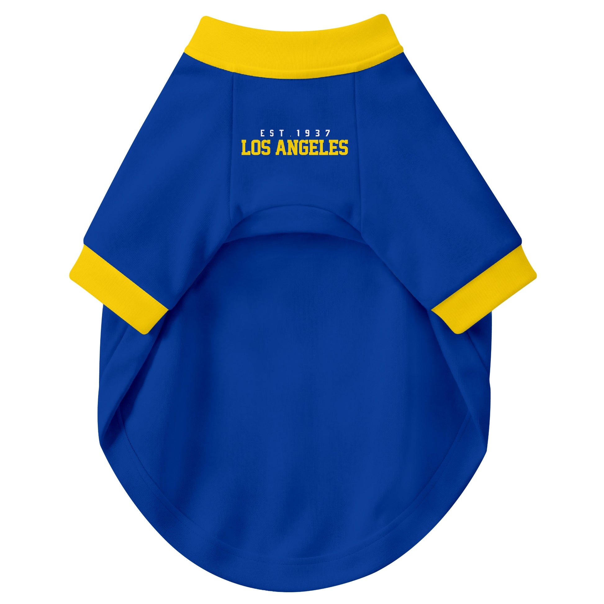 Front view of custom dog jersey in royal personalized with name and number