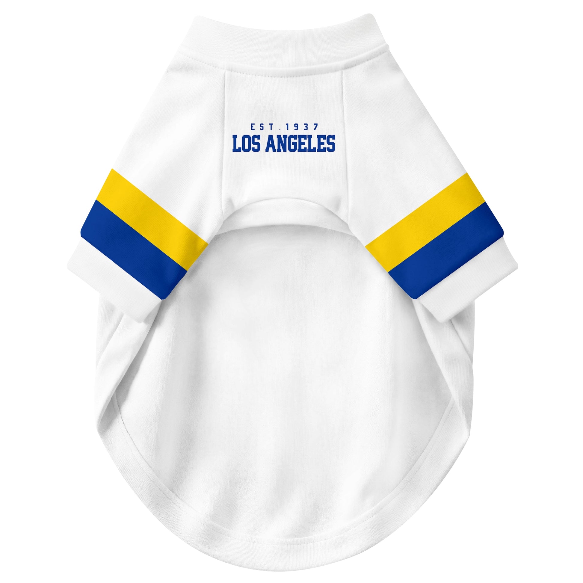Front view of custom dog jersey in white personalized with name and number