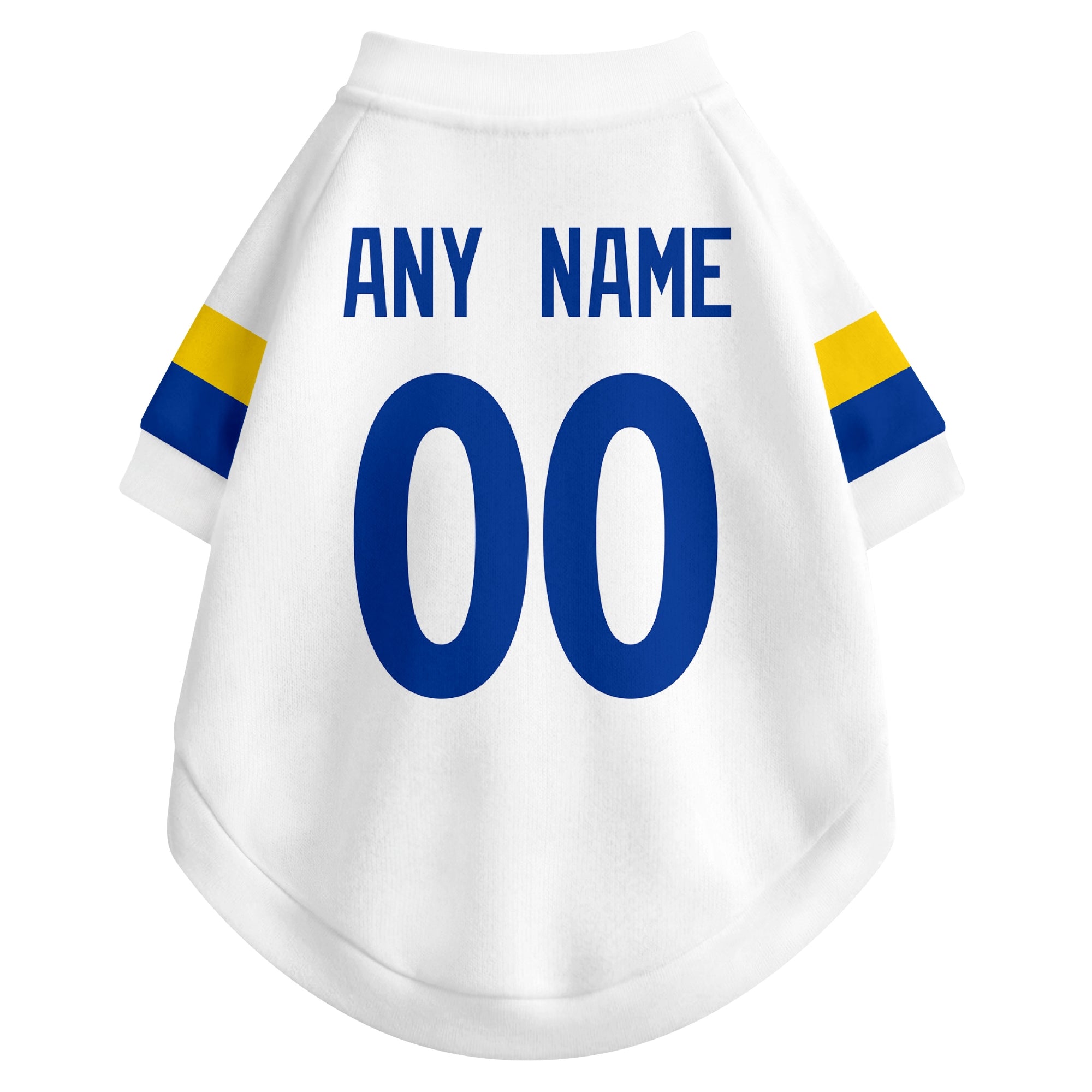Back view of custom dog jersey in white showing name and number customization