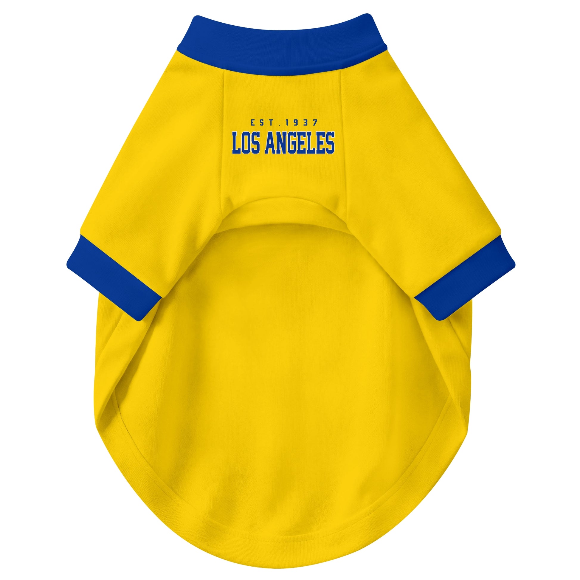 Front view of custom dog jersey in gold personalized with name and number