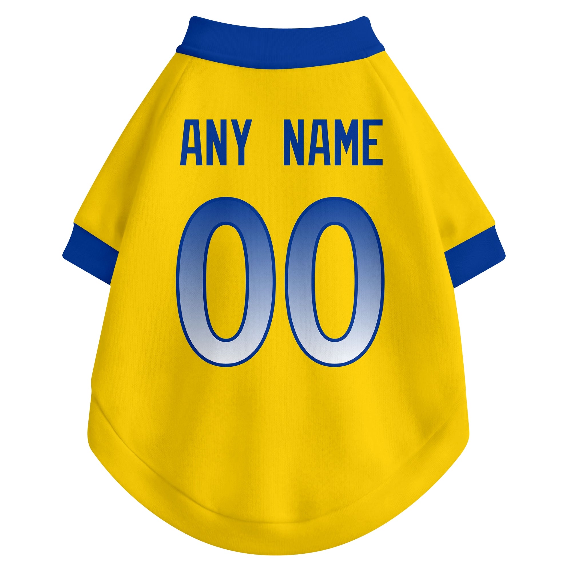 Back view of custom dog jersey in gold showing name and number customization