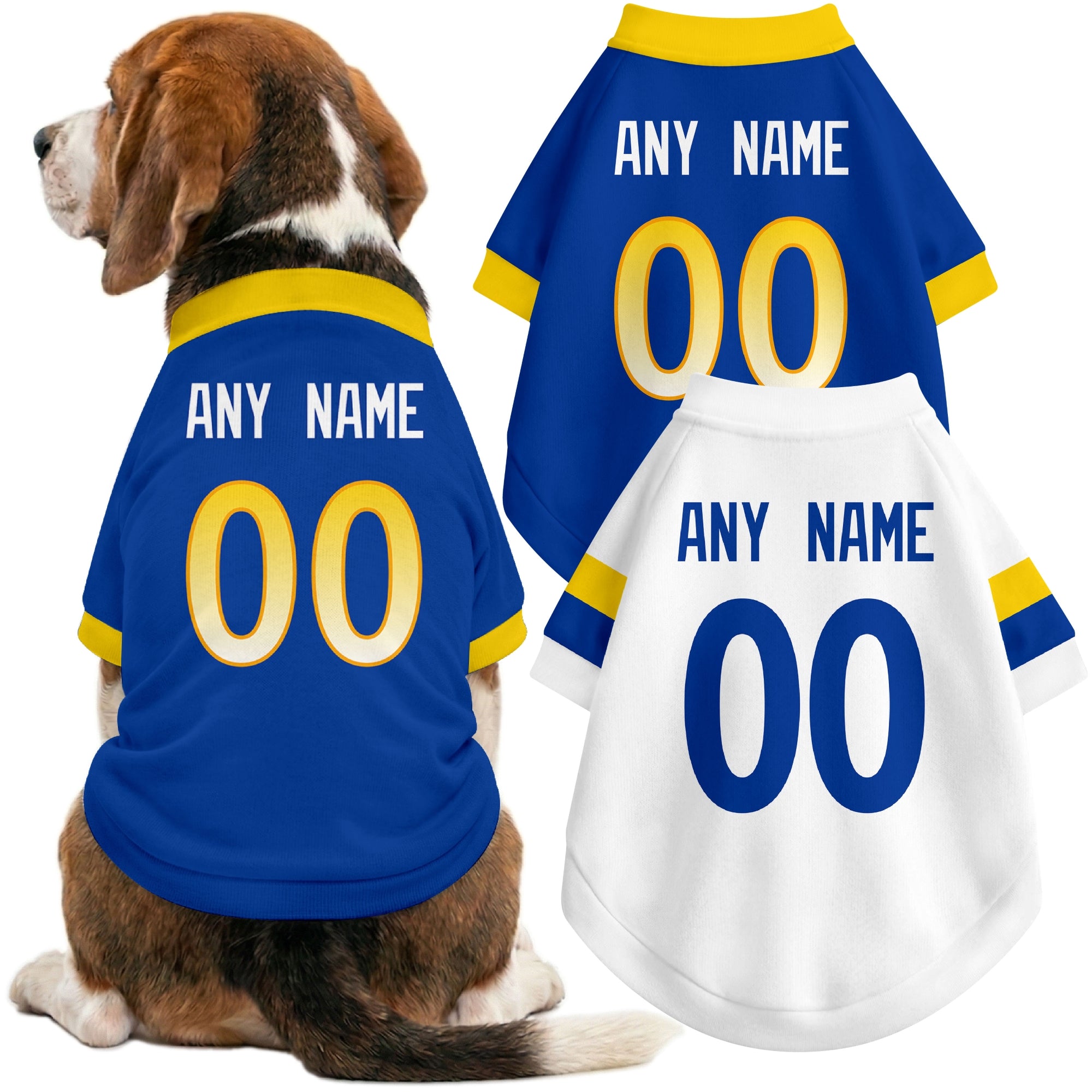 Dog wearing custom football-style dog jersey in royal white gold with personalized name and number