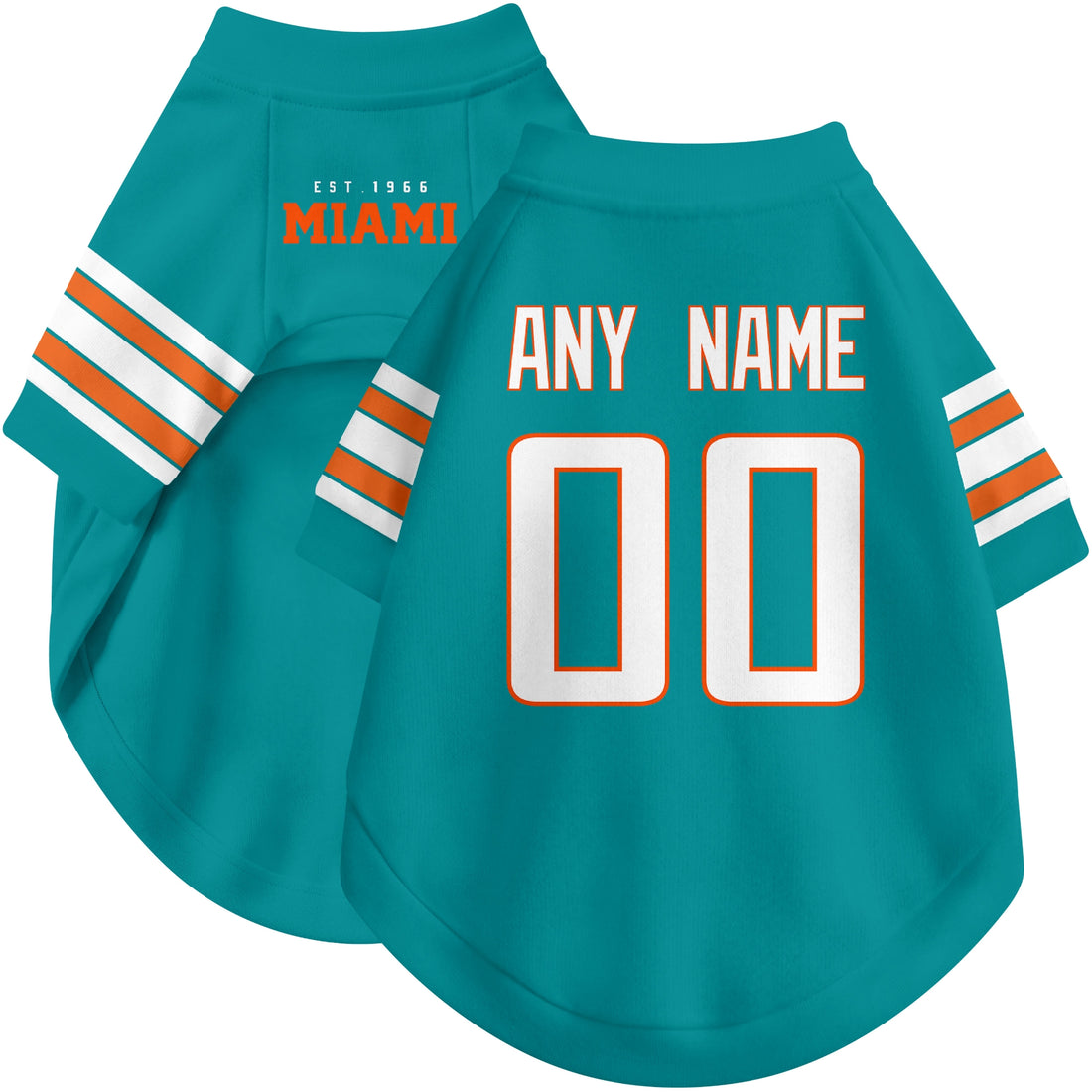 Dog wearing custom football-style dog jersey in aqua white orange with personalized name and number