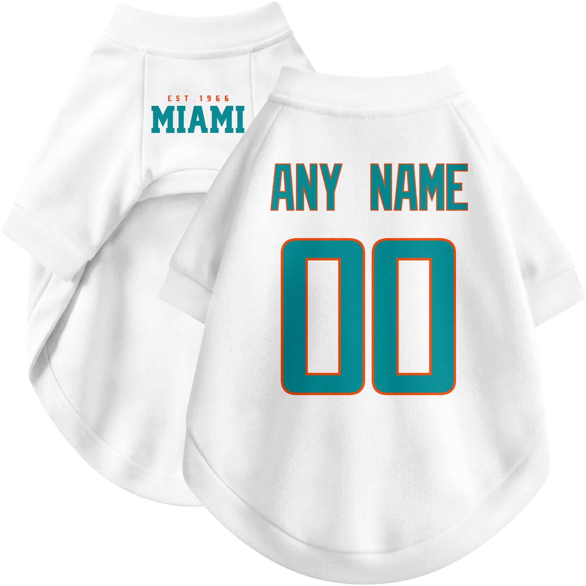 Custom football-style dog jersey in white personalized with any name and number