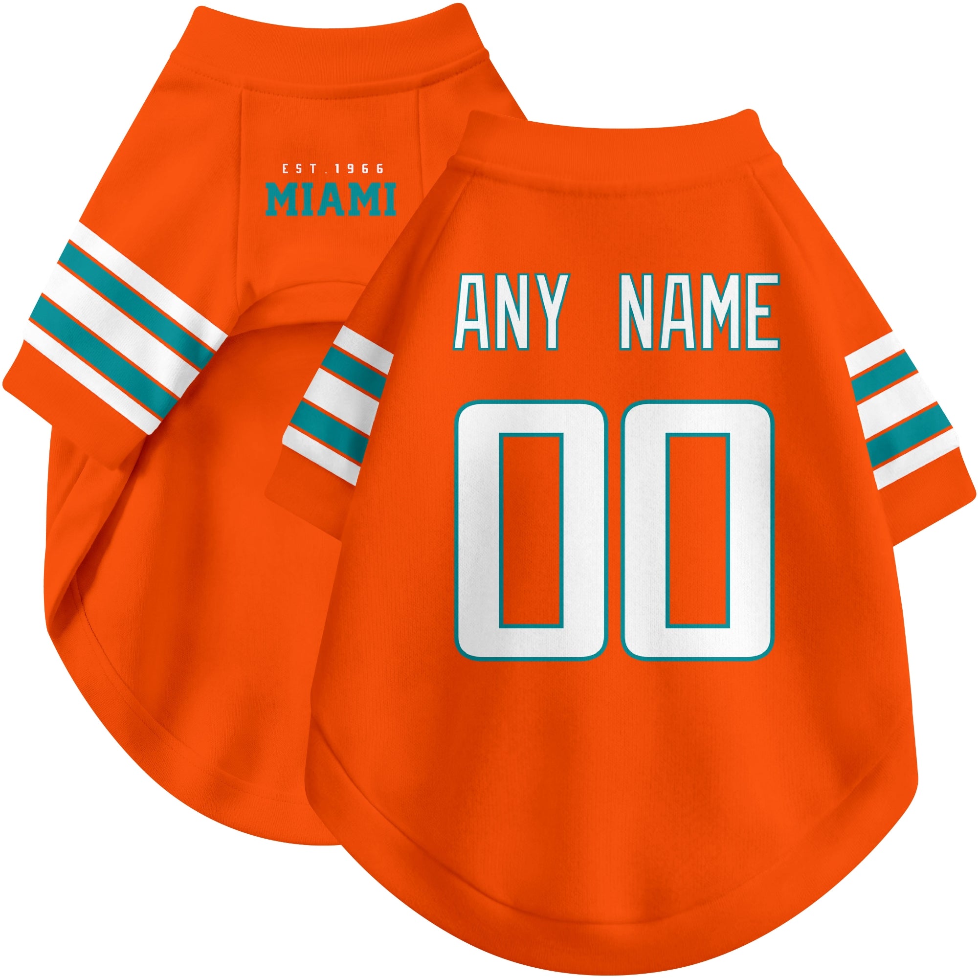 Custom football-style dog jersey in orange personalized with any name and number