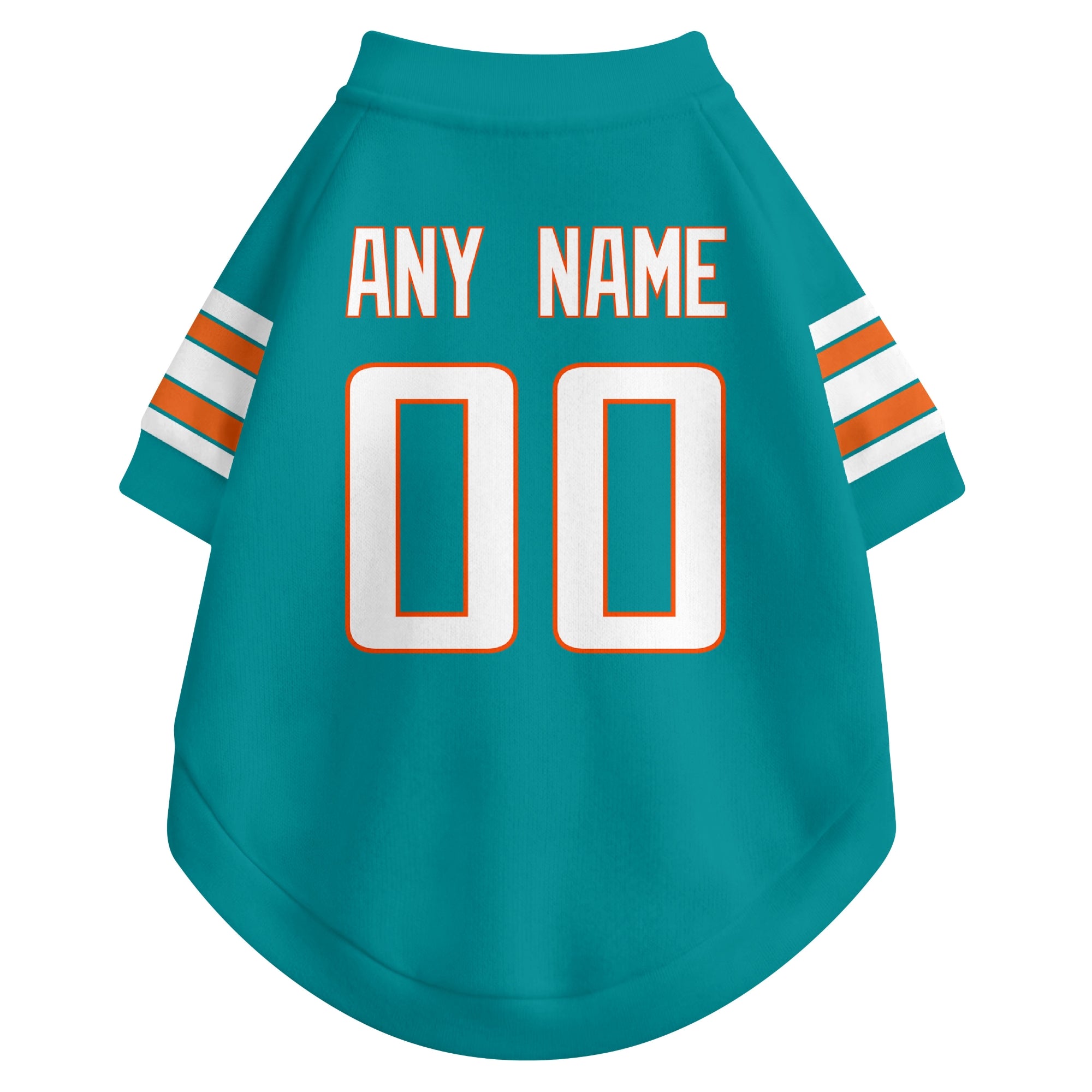 Back view of custom dog jersey in aqua showing name and number customization