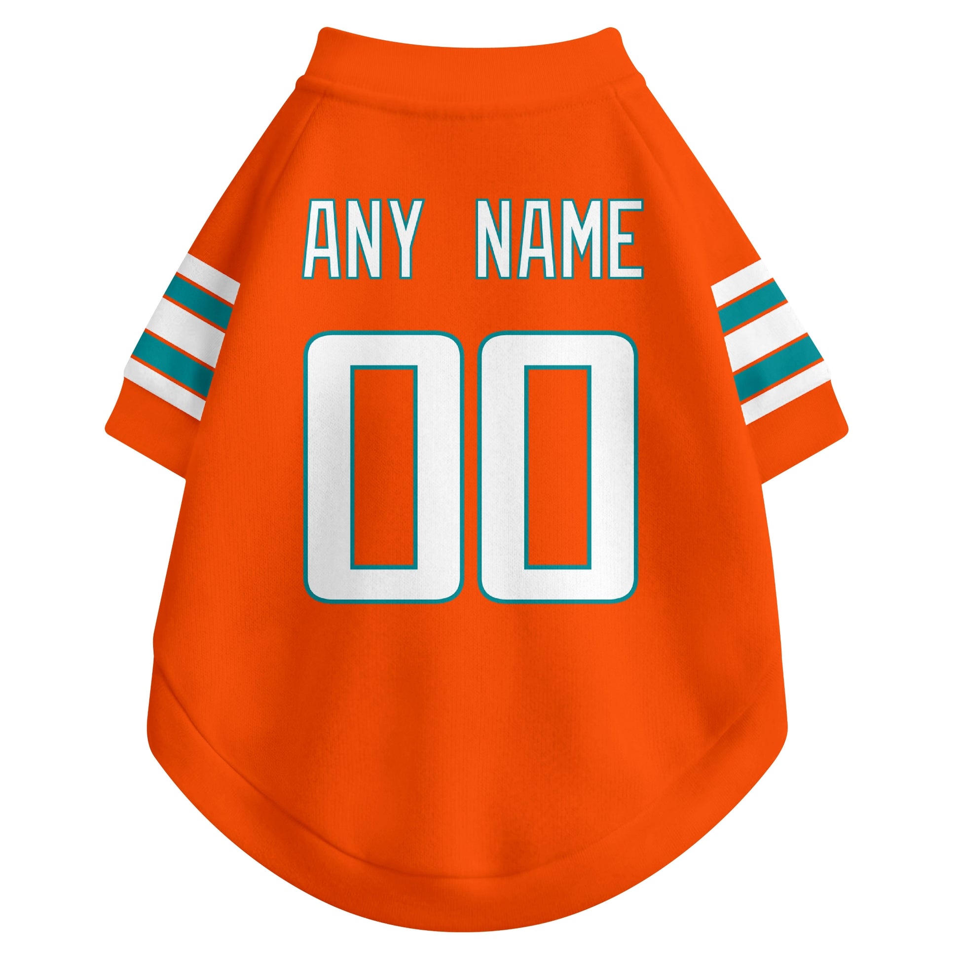 Back view of custom dog jersey in orange showing name and number customization