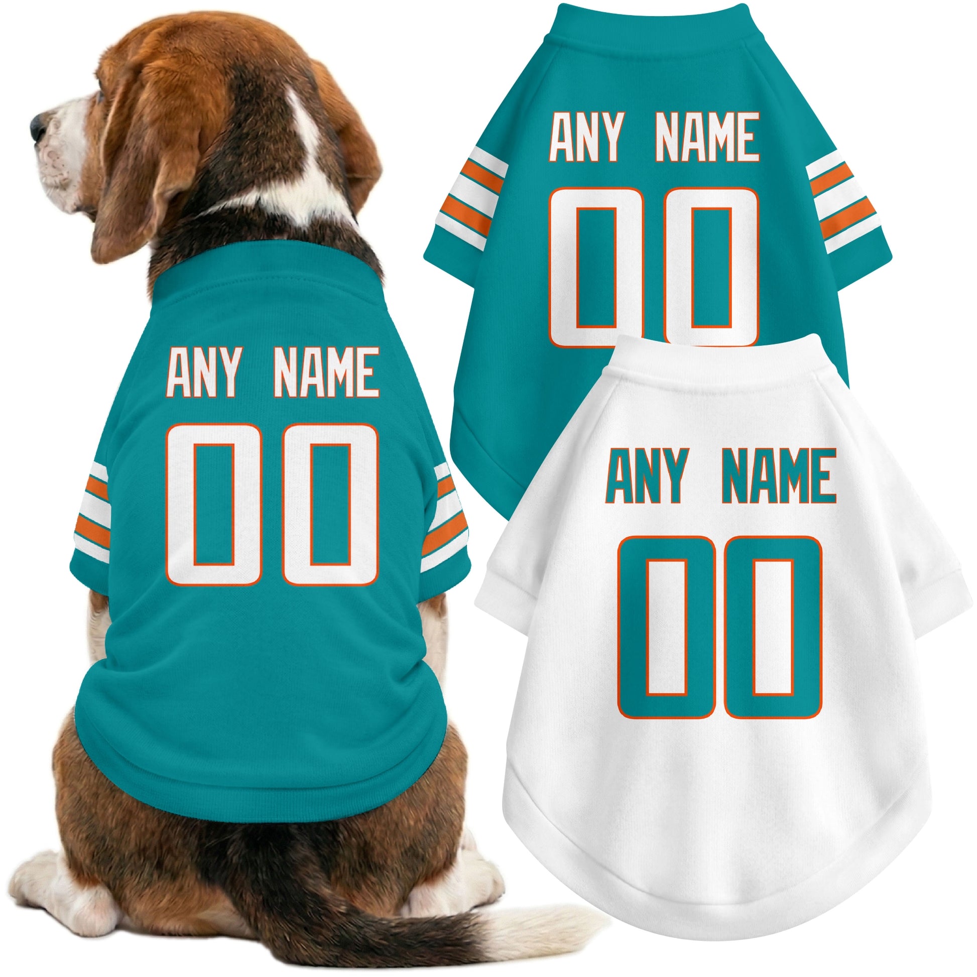 Dog wearing custom football-style dog jersey in aqua white orange with personalized name and number