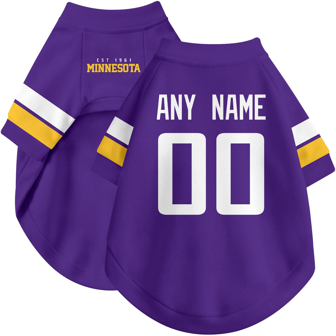 Dog wearing custom football-style dog jersey in purple white gold with personalized name and number