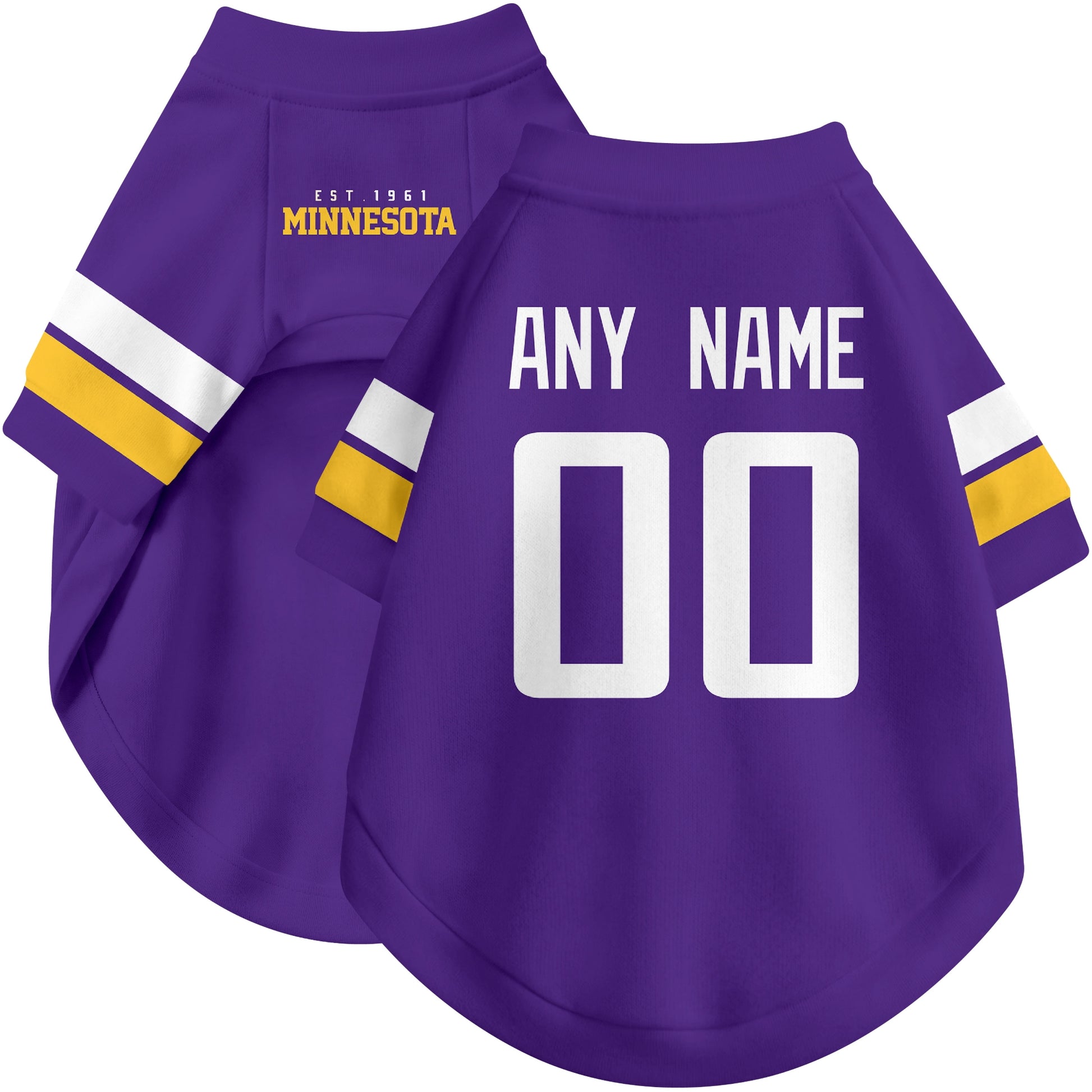 Custom football-style dog jersey in purple personalized with any name and number