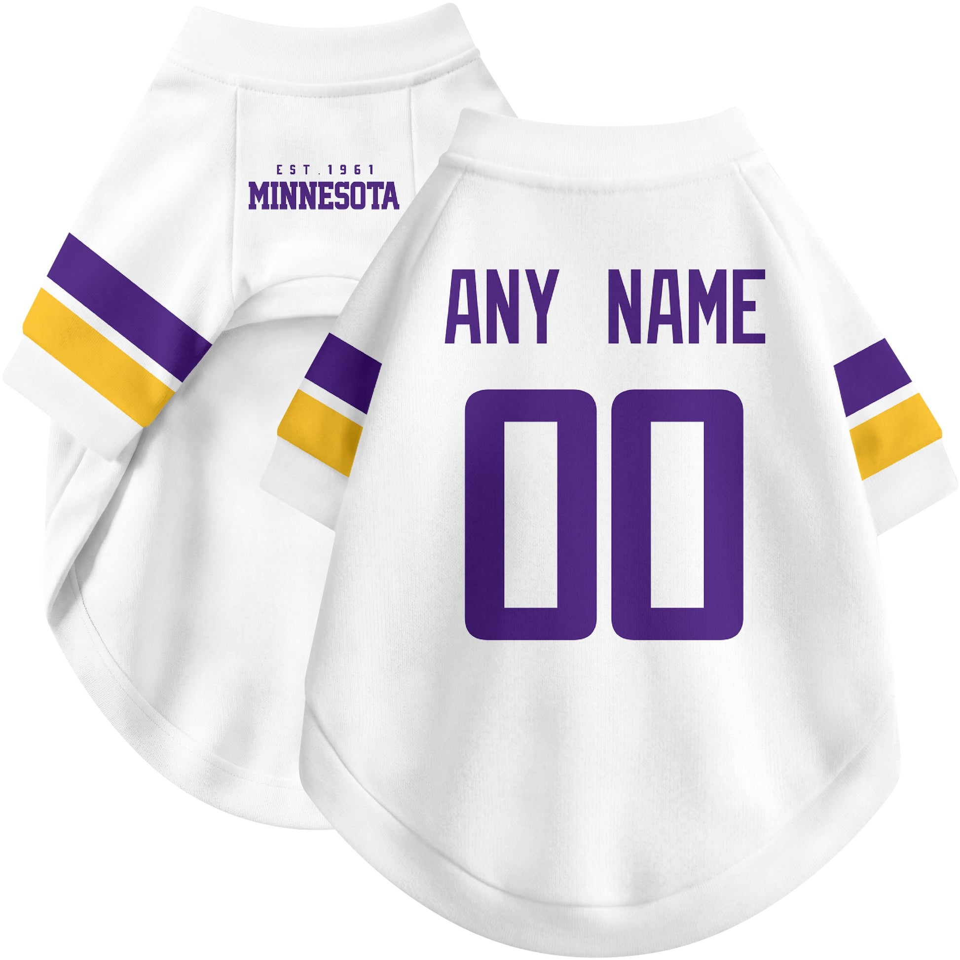 Custom football-style dog jersey in white personalized with any name and number