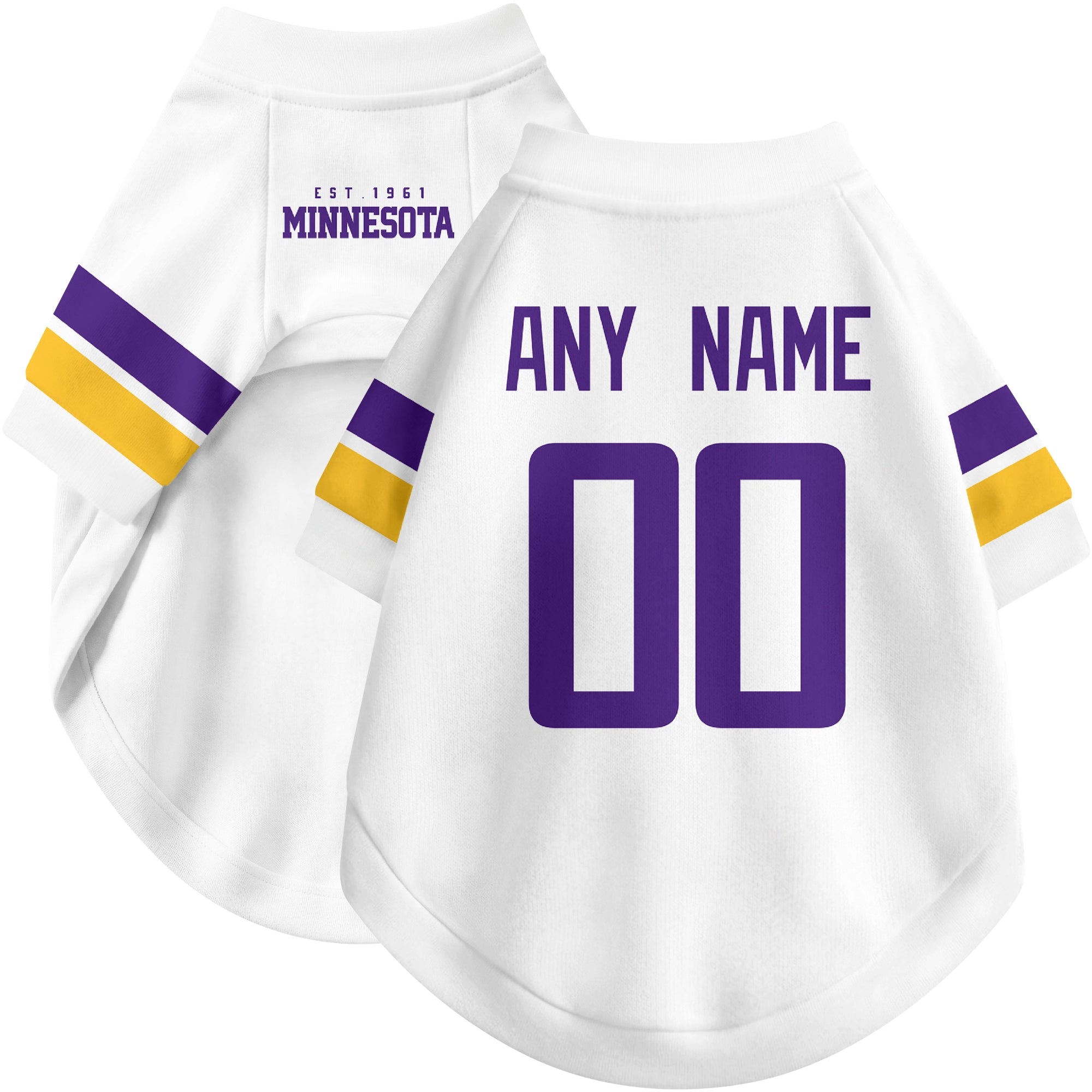Custom football-style dog jersey in white personalized with any name and number