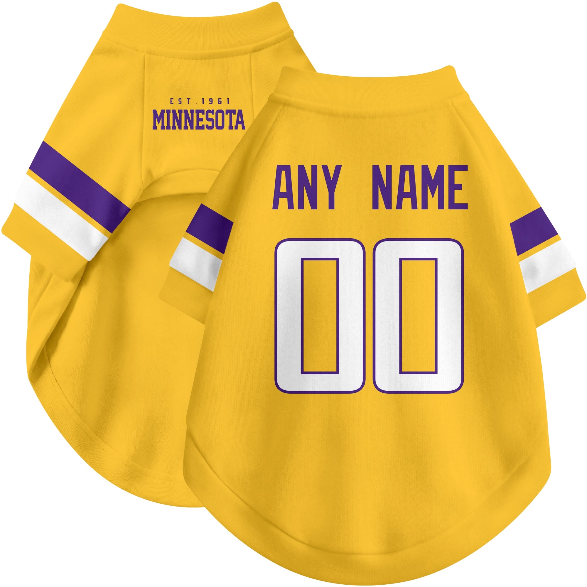 Custom football-style dog jersey in gold personalized with any name and number