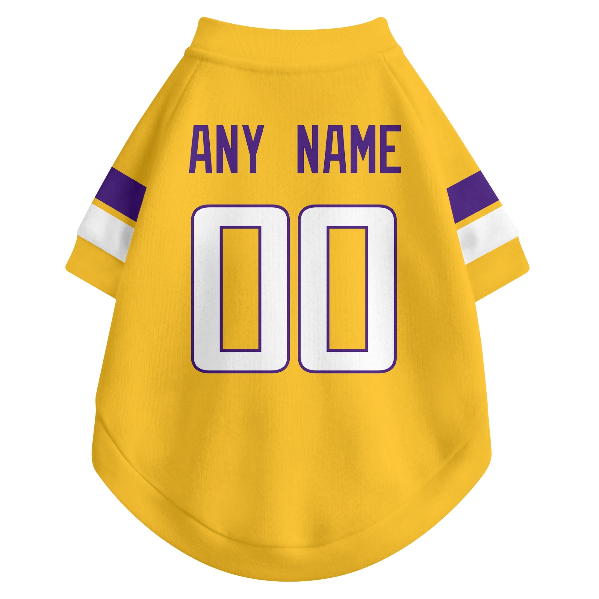 Back view of custom dog jersey in gold showing name and number customization