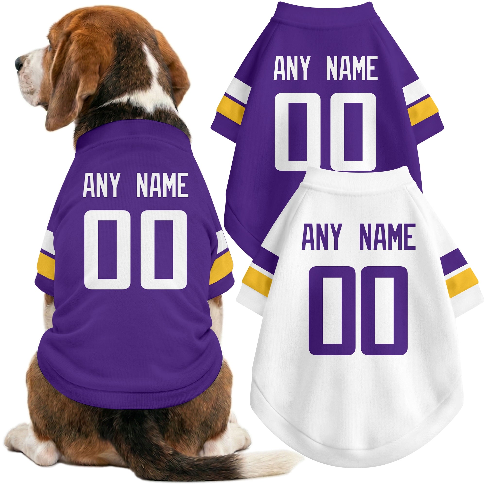 Dog wearing custom football-style dog jersey in purple white gold with personalized name and number
