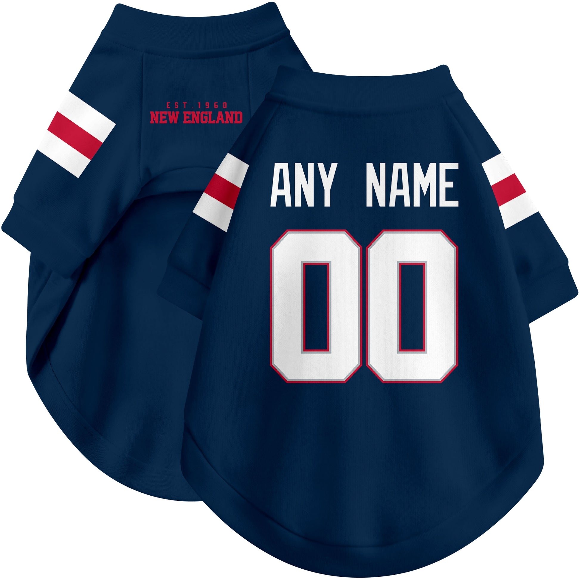 Custom football-style dog jersey in navy personalized with any name and number