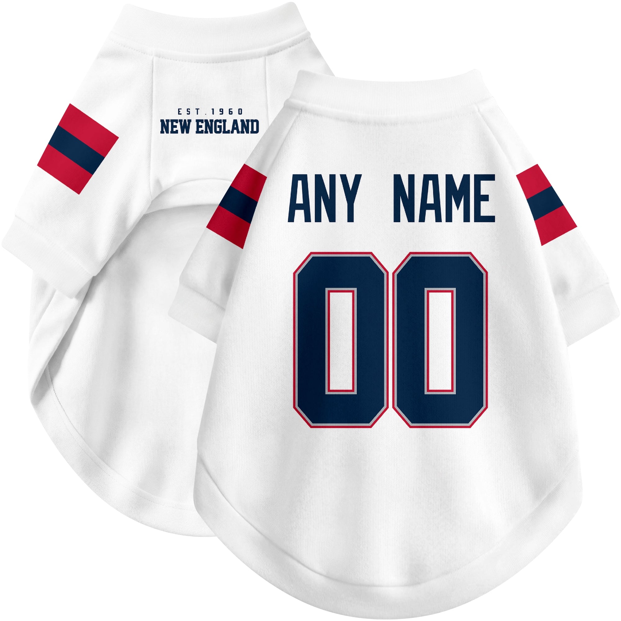 Custom football-style dog jersey in white personalized with any name and number