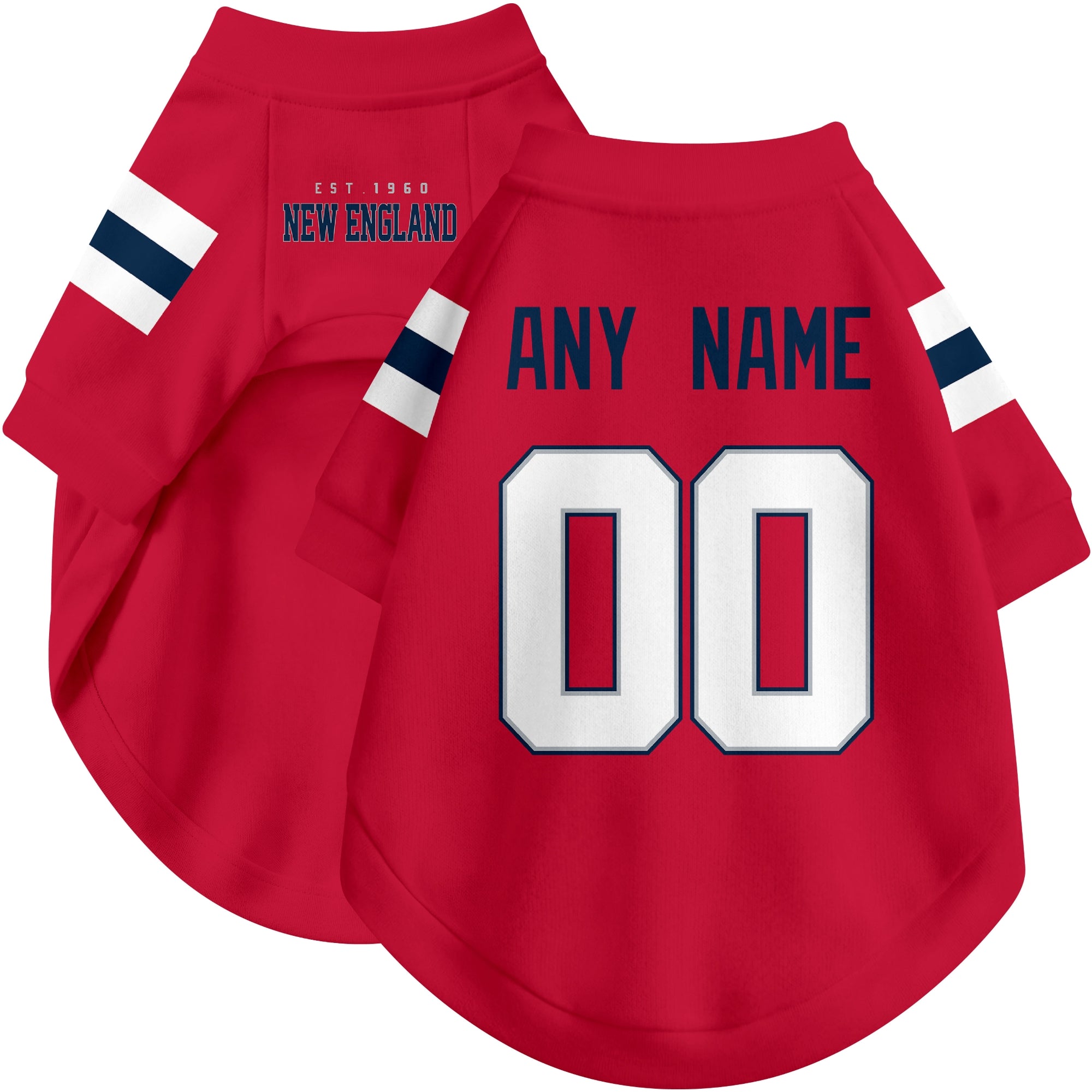 Custom football-style dog jersey in red personalized with any name and number
